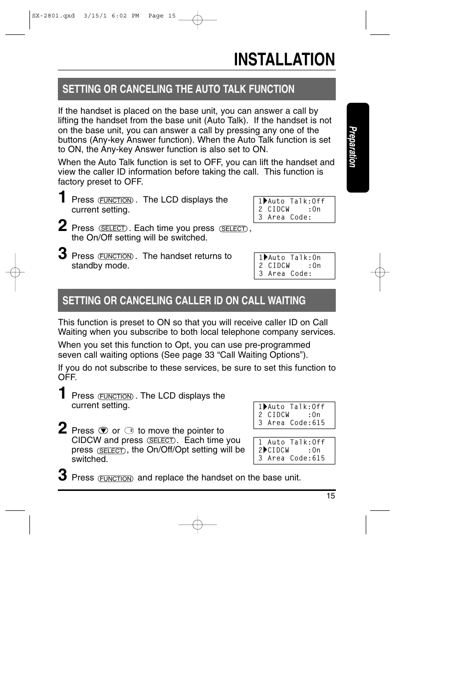 Installation, Setting or canceling the auto talk function, Setting or canceling caller id on call waiting | Toshiba SX-2801 User Manual | Page 15 / 40