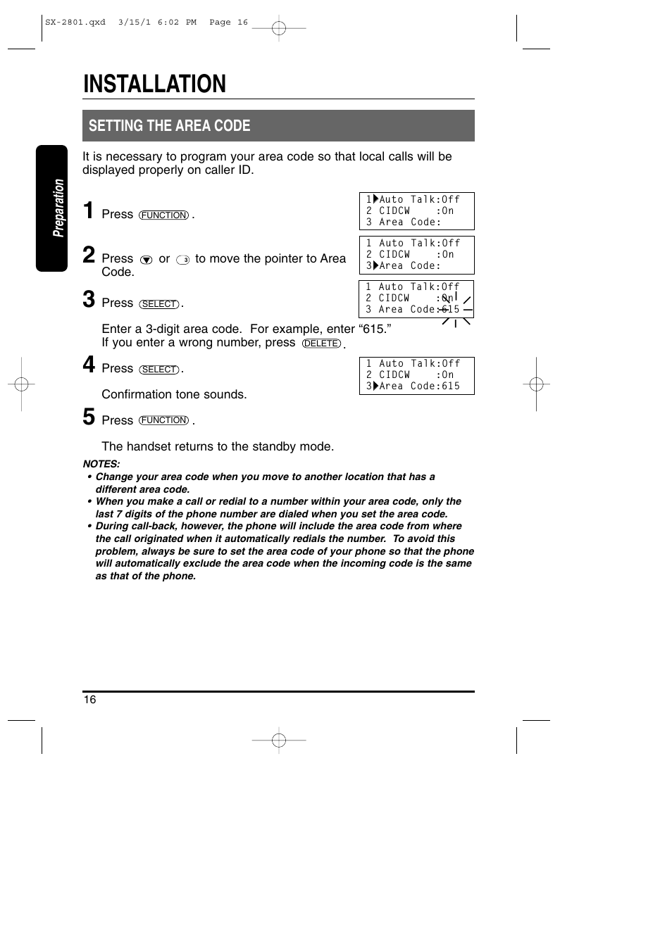 Installation, Setting the area code | Toshiba SX-2801 User Manual | Page 16 / 40