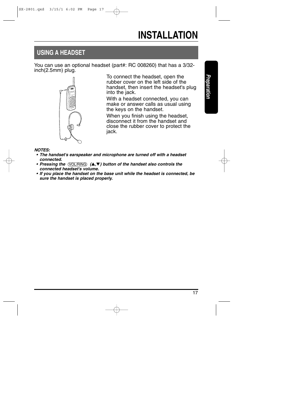 Installation, Using a headset, Preparation | Toshiba SX-2801 User Manual | Page 17 / 40