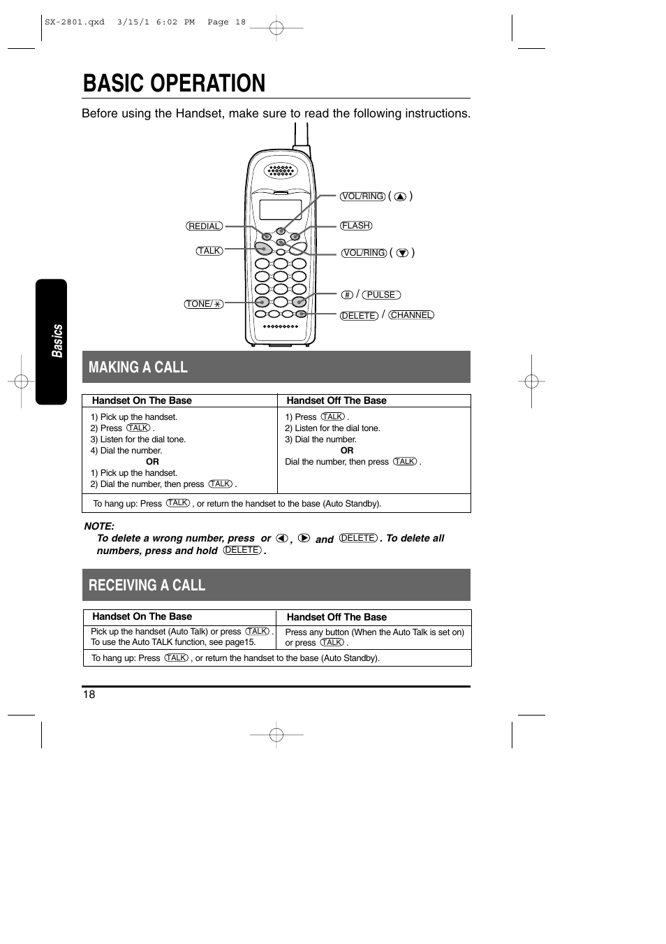 Basics, Basic operation, Making a call receiving a call | Toshiba SX-2801 User Manual | Page 18 / 40