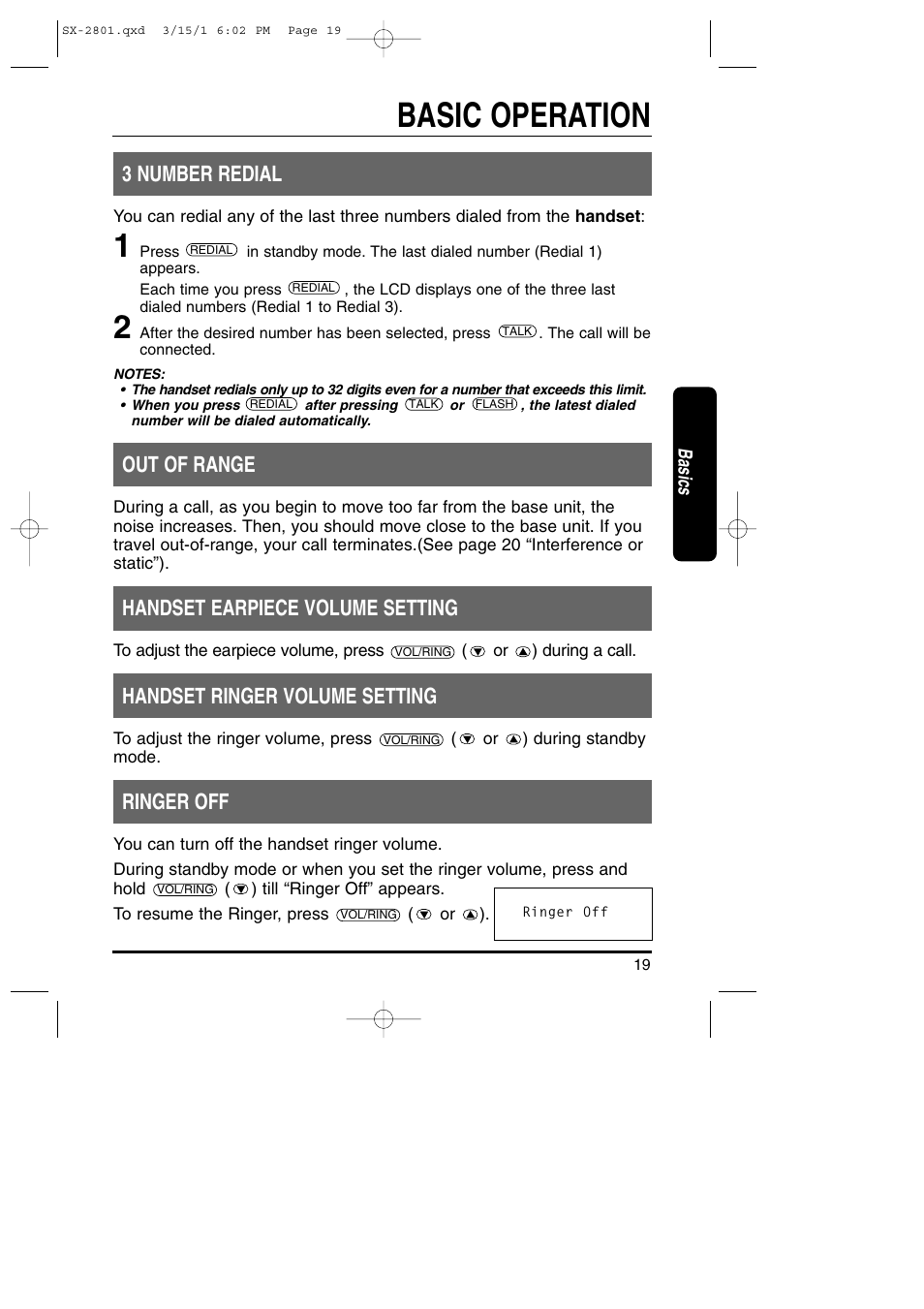 Basic operation, 3 number redial, Out of range | Handset earpiece volume setting, Handset ringer volume setting, Ringer off | Toshiba SX-2801 User Manual | Page 19 / 40