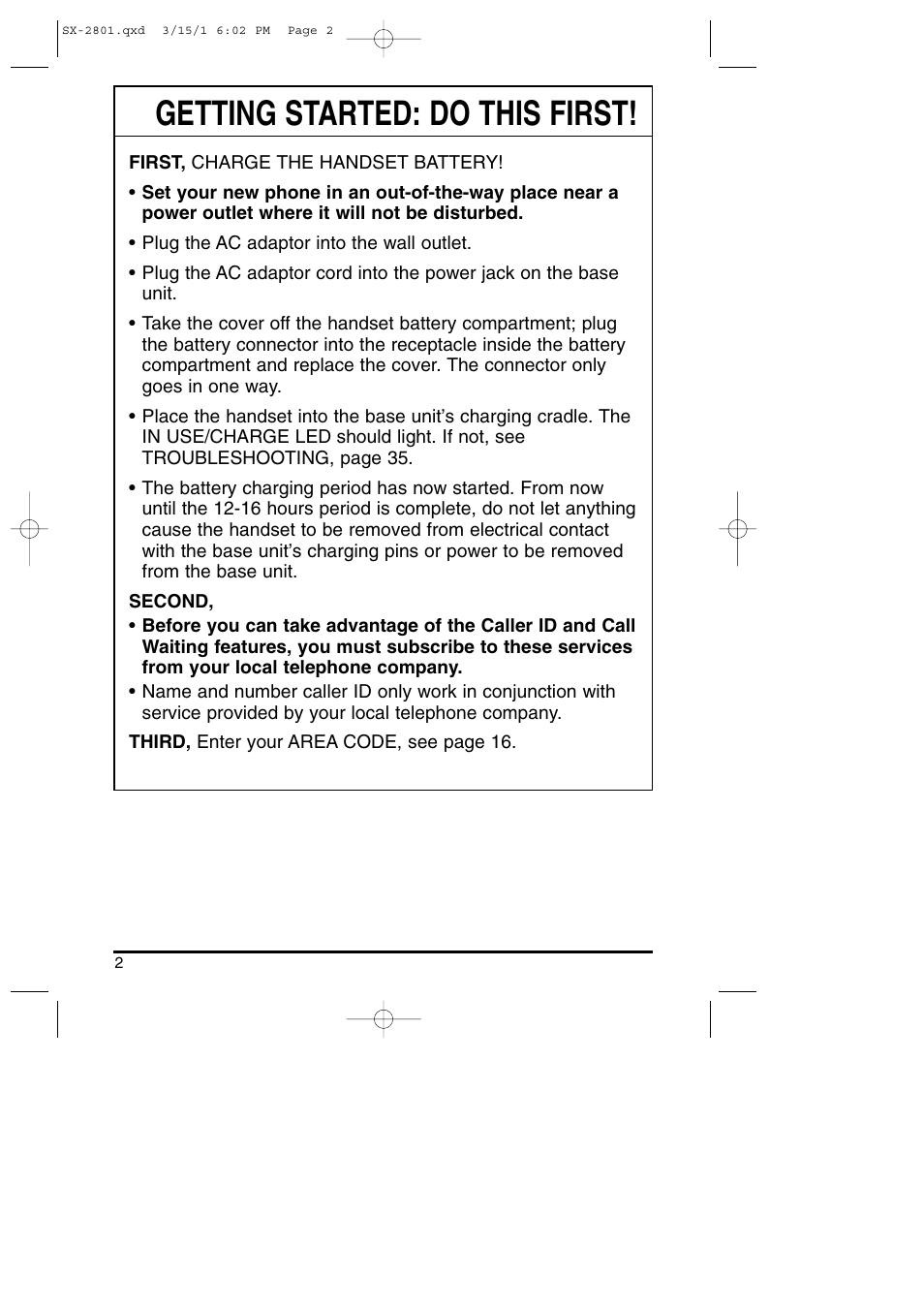 Getting started, Getting started: do this first | Toshiba SX-2801 User Manual | Page 2 / 40