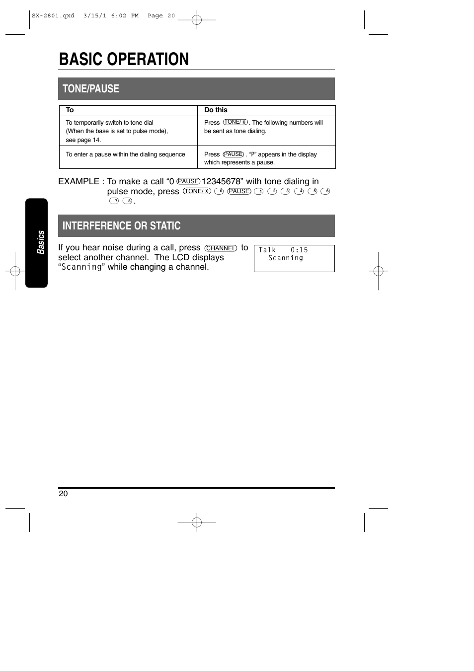Basic operation, Tone/pause, Interference or static | Basics | Toshiba SX-2801 User Manual | Page 20 / 40