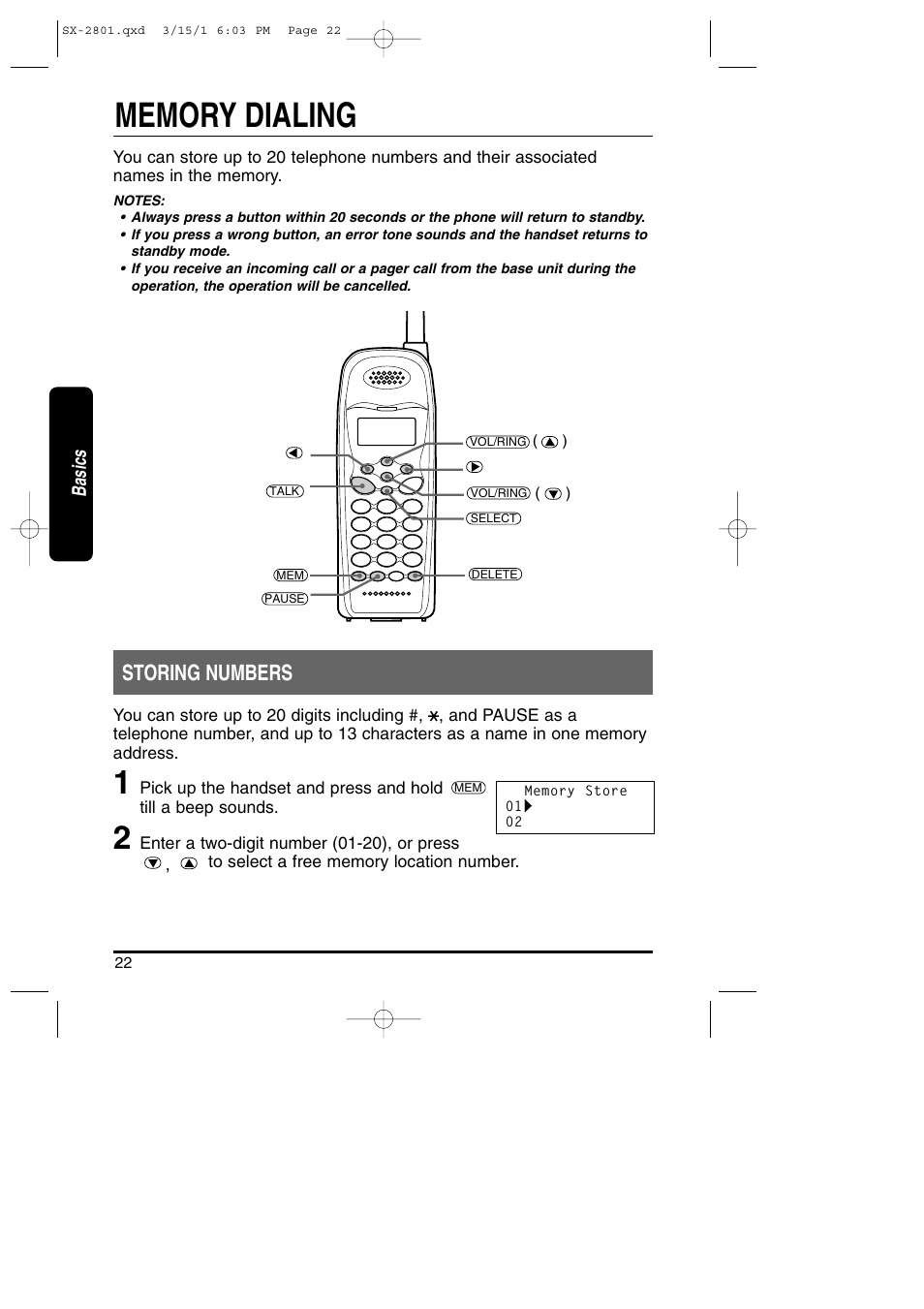Memory dialing, Storing numbers, Basics | Toshiba SX-2801 User Manual | Page 22 / 40