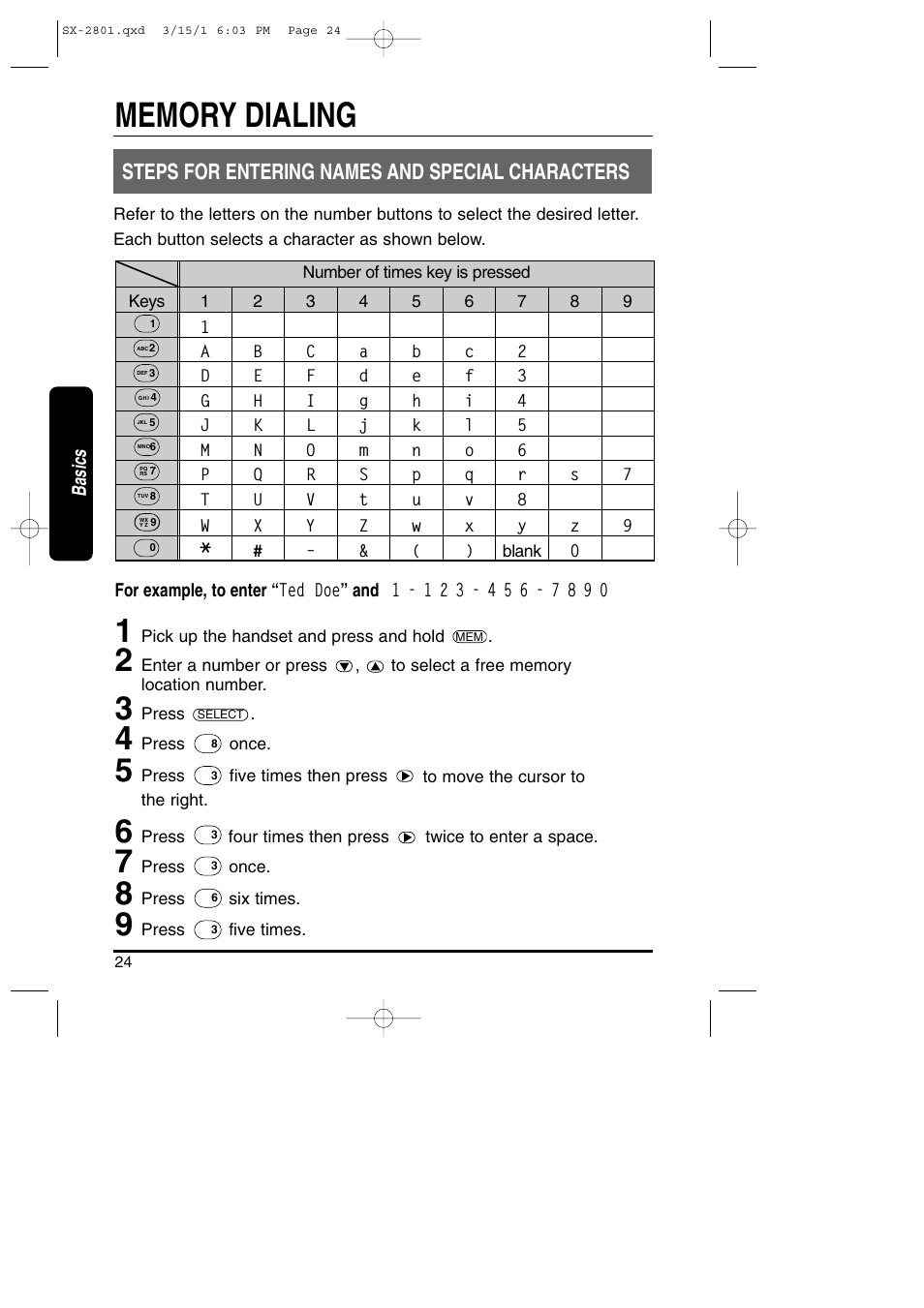 Steps for entering names and special characters | Toshiba SX-2801 User Manual | Page 24 / 40
