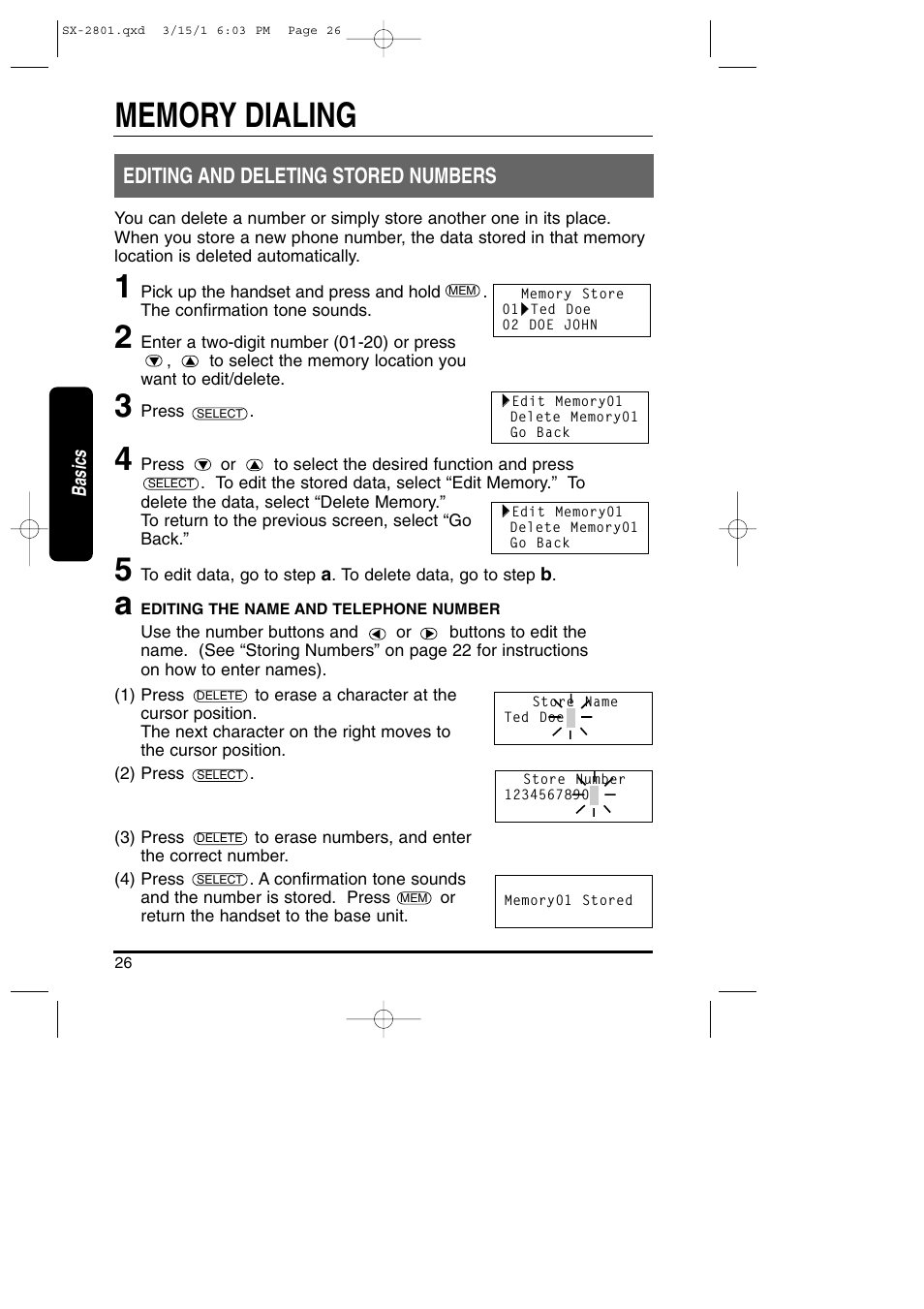 Editing and deleting stored numbers | Toshiba SX-2801 User Manual | Page 26 / 40