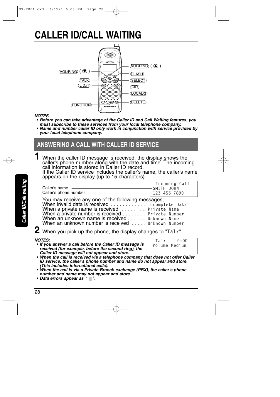 Caller id/call waiting, Answering a call with caller id service | Toshiba SX-2801 User Manual | Page 28 / 40