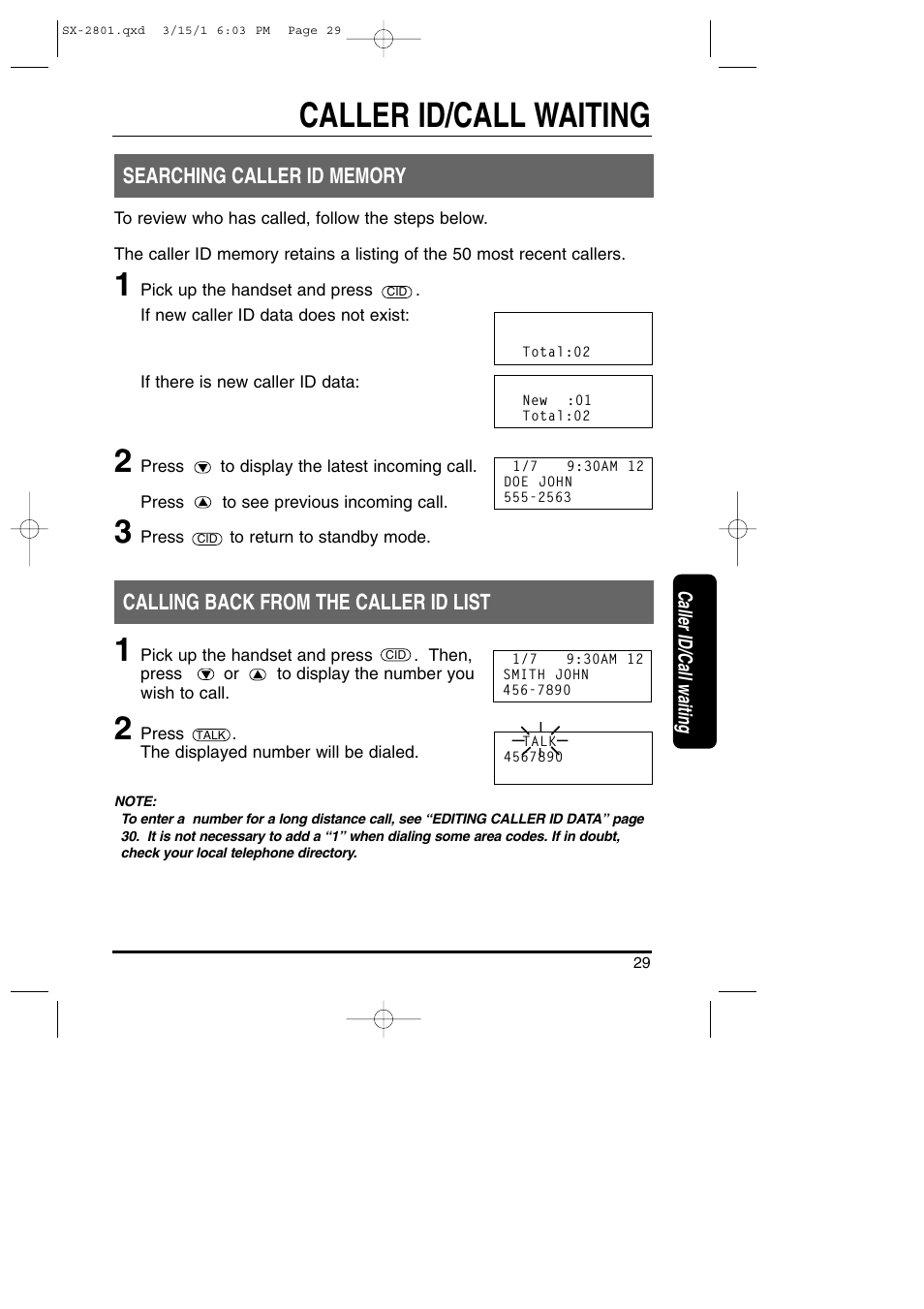 Caller id/call waiting, Calling back from the caller id list | Toshiba SX-2801 User Manual | Page 29 / 40