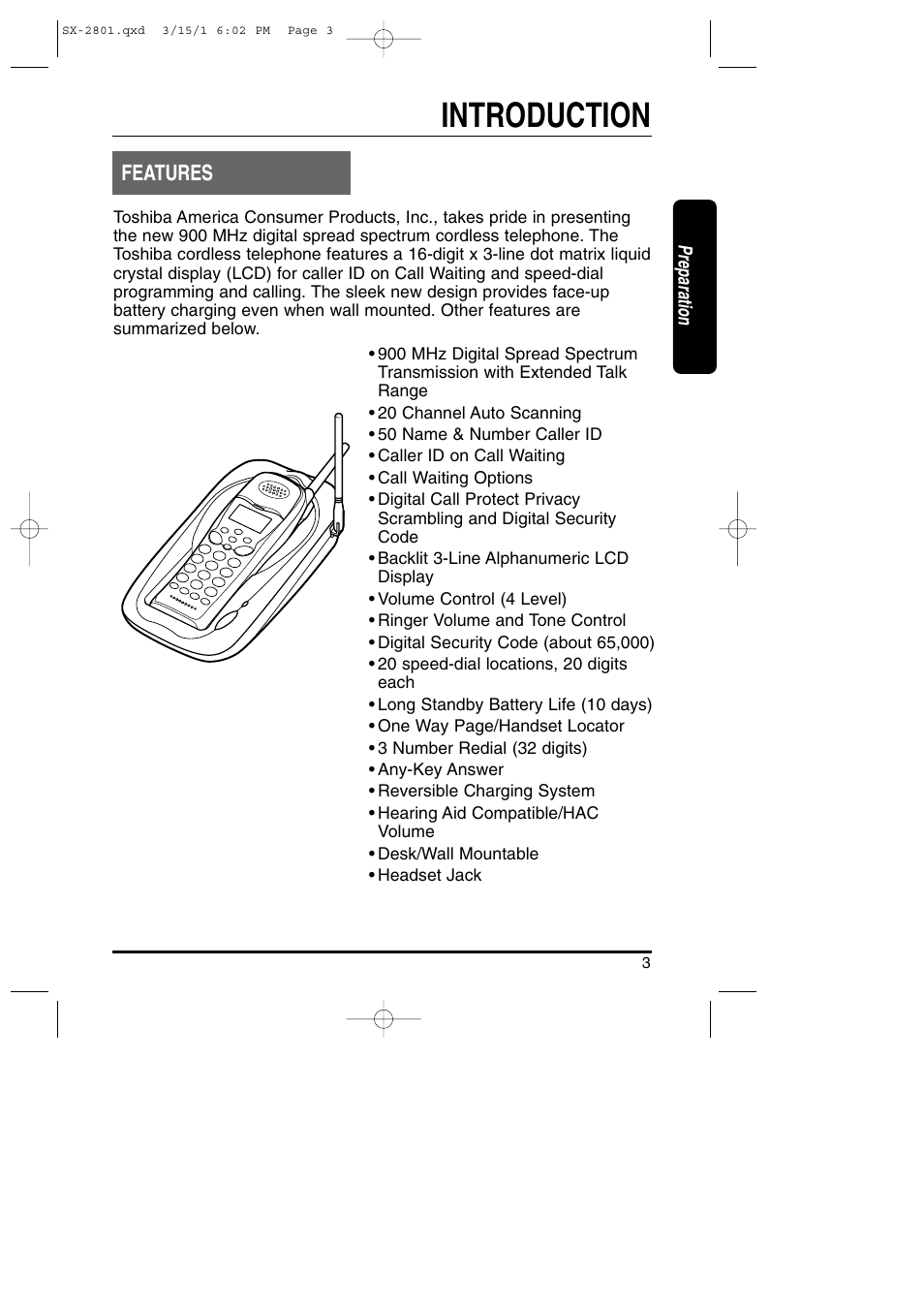 Introduction, Features | Toshiba SX-2801 User Manual | Page 3 / 40