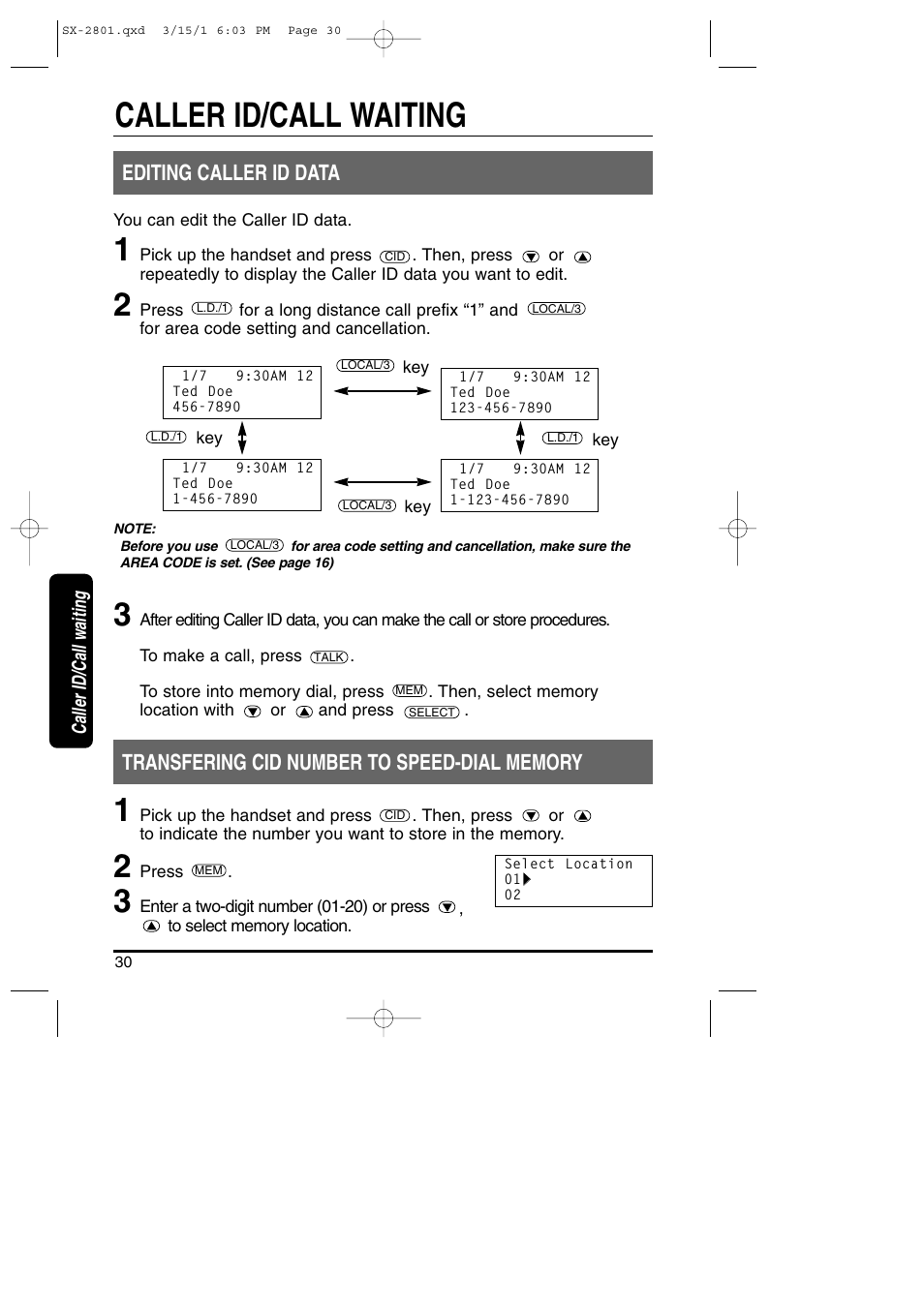 Caller id/call waiting, Editing caller id data | Toshiba SX-2801 User Manual | Page 30 / 40