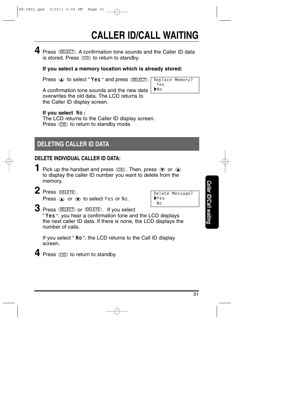 Caller id/call waiting, Deleting caller id data | Toshiba SX-2801 User Manual | Page 31 / 40