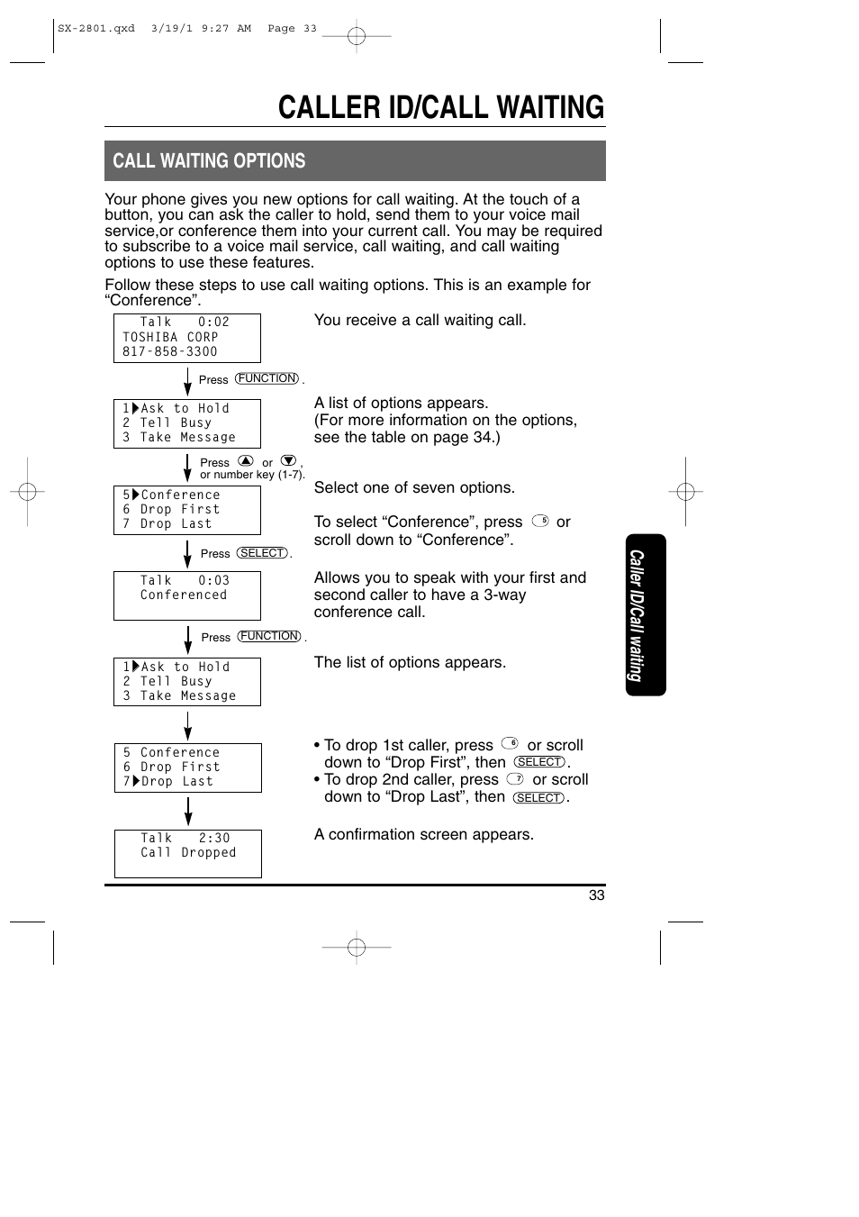 Caller id/call waiting, Call waiting options | Toshiba SX-2801 User Manual | Page 33 / 40