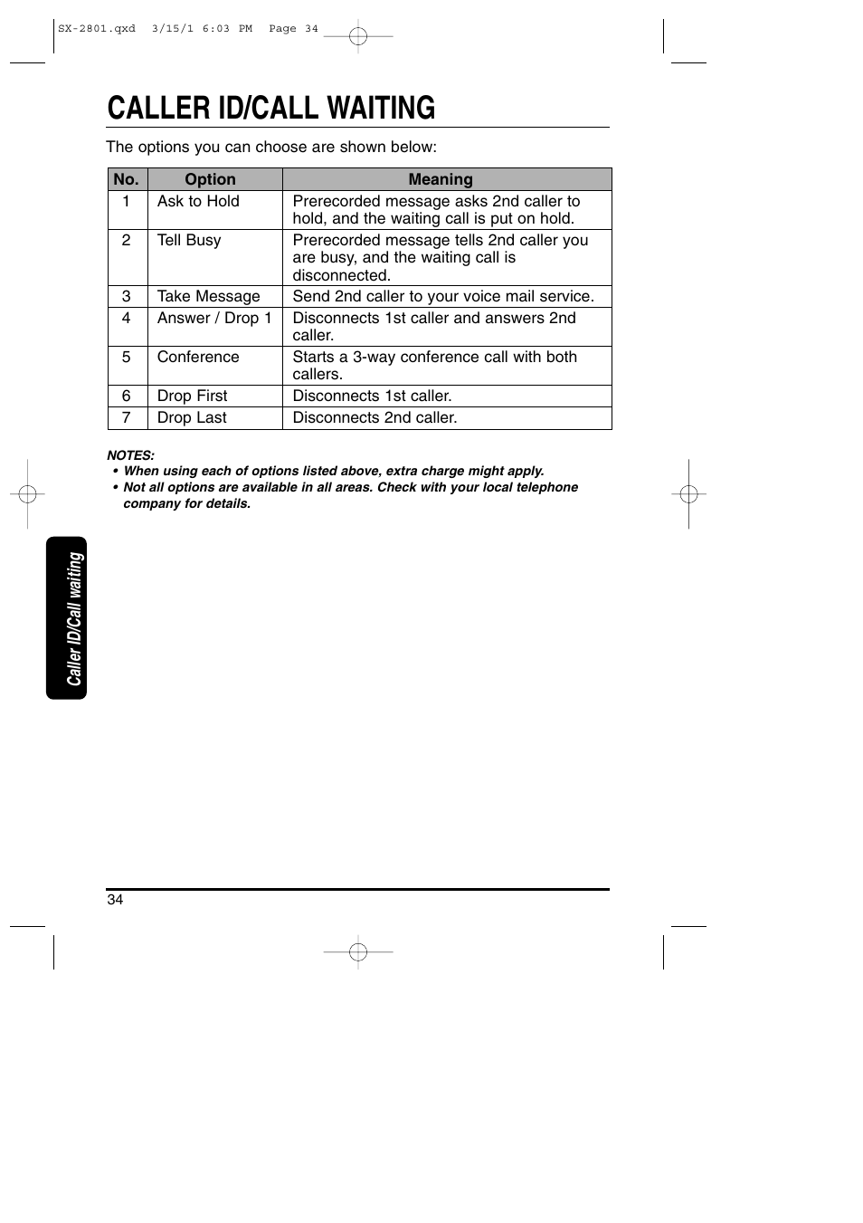 Caller id/call waiting | Toshiba SX-2801 User Manual | Page 34 / 40