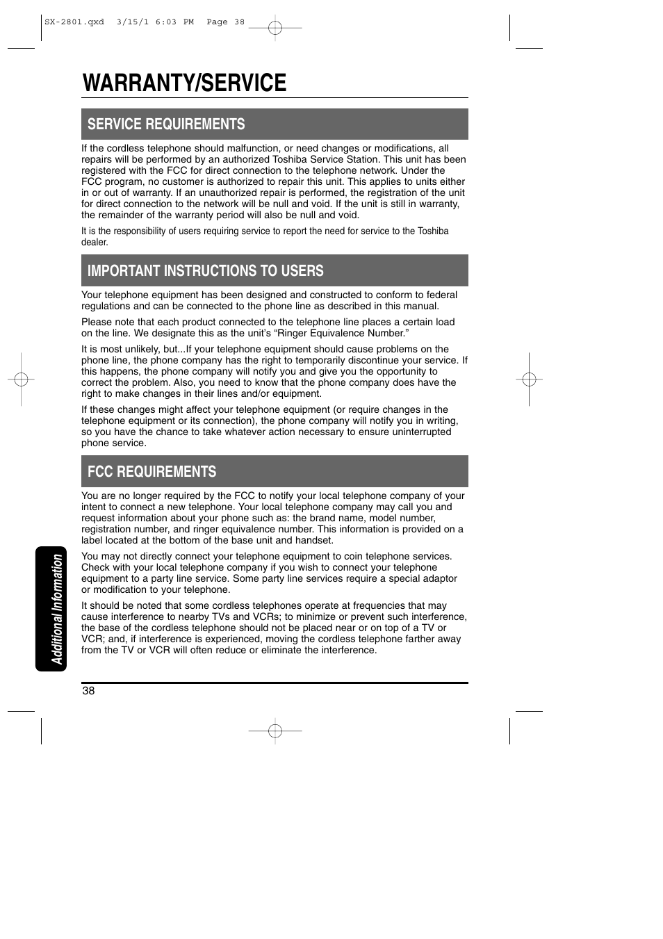 Limited warranty, Warranty/service, Service requirements | Important instructions to users, Fcc requirements | Toshiba SX-2801 User Manual | Page 38 / 40