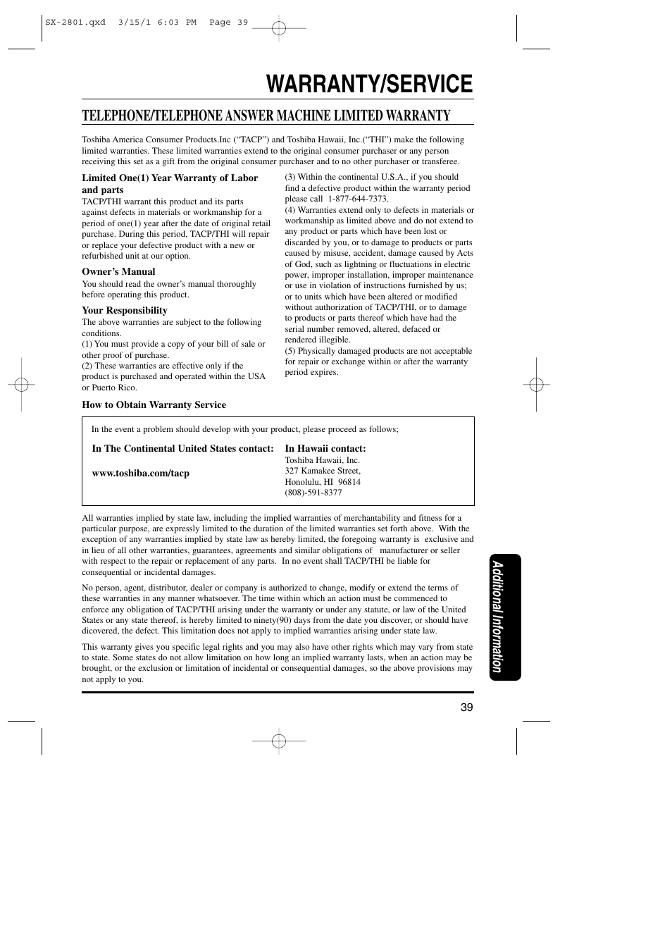 Warranty/service, Additional information | Toshiba SX-2801 User Manual | Page 39 / 40