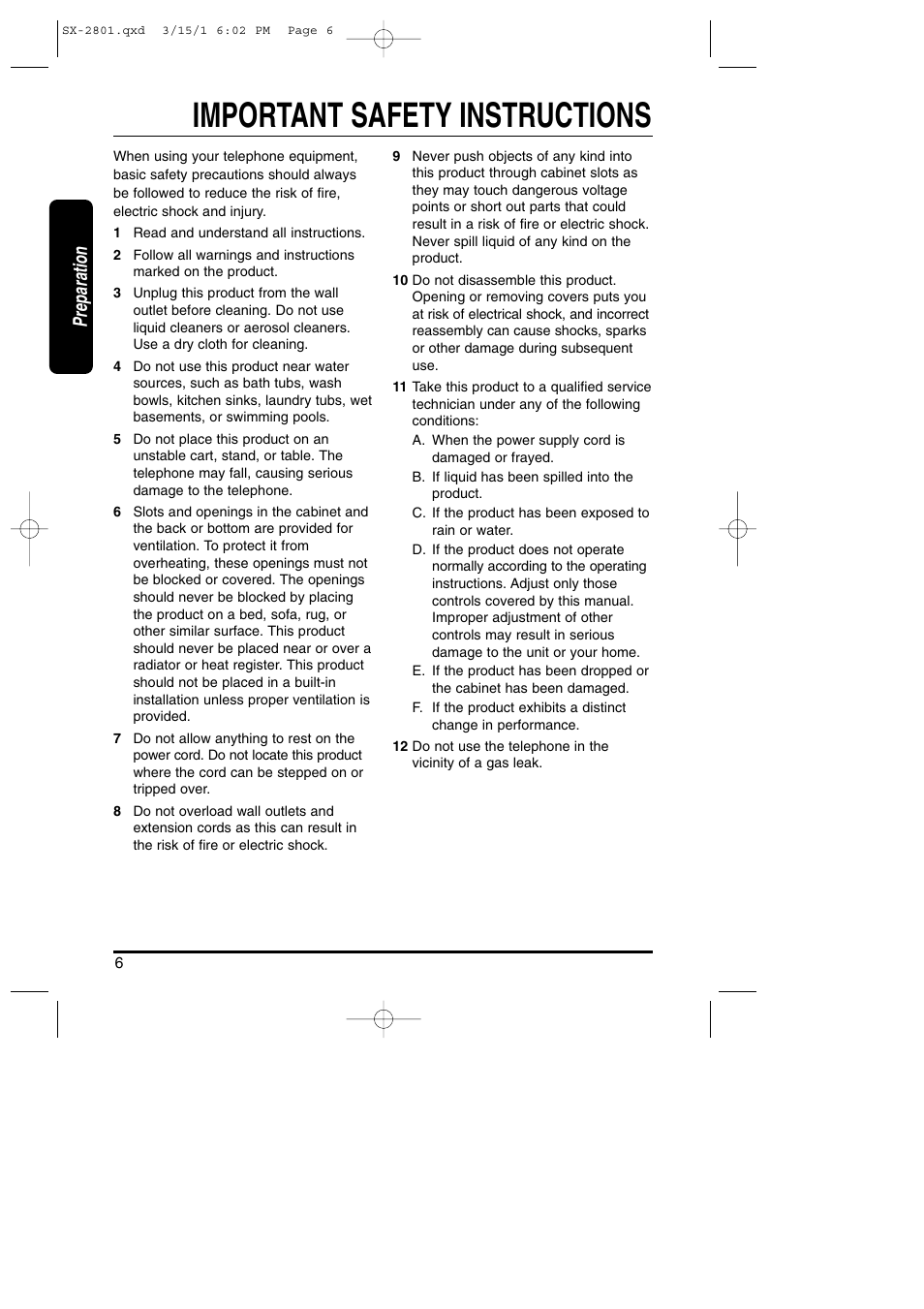 Preparation, Safety instructions, Important safety instructions | Toshiba SX-2801 User Manual | Page 6 / 40