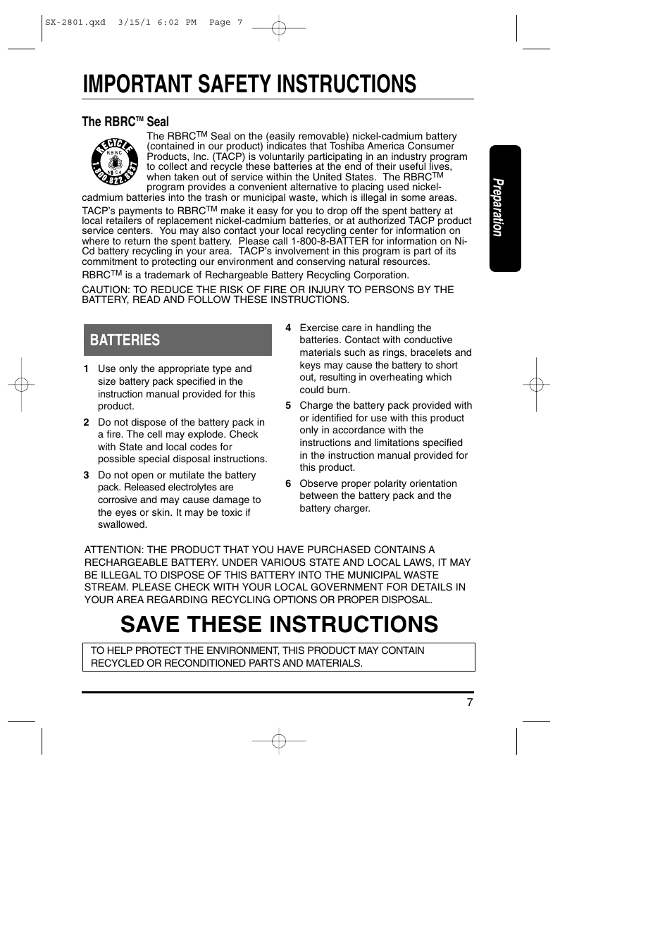 Important safety instructions, Save these instructions, Batteries | Preparation, The rbrc, Seal | Toshiba SX-2801 User Manual | Page 7 / 40