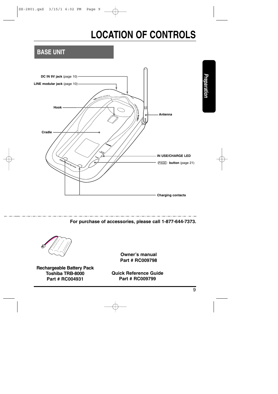 Location of controls, Base unit, Preparation | Toshiba SX-2801 User Manual | Page 9 / 40