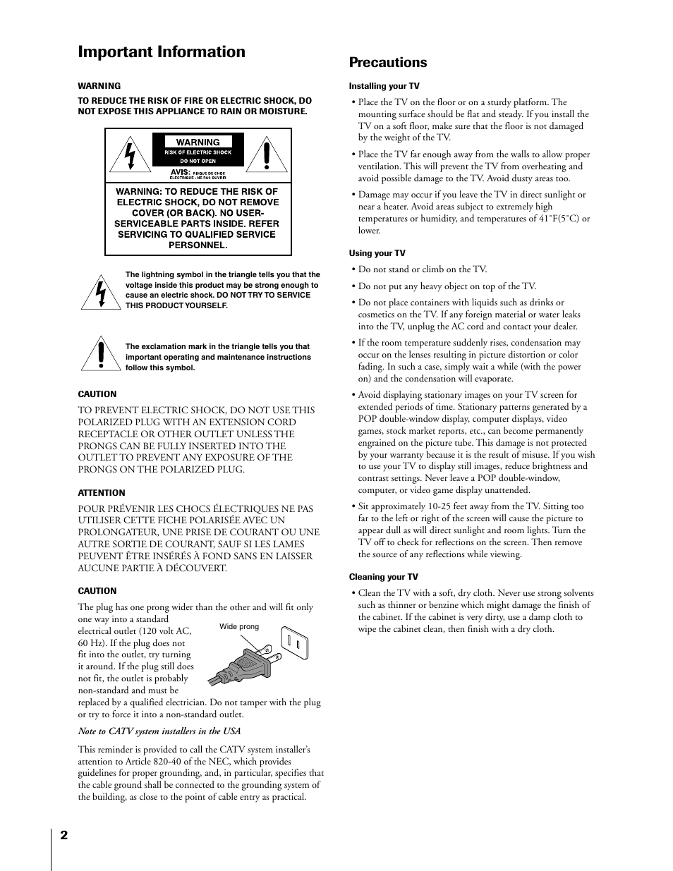 Precautions, Important information | Toshiba 50HX81 User Manual | Page 2 / 59