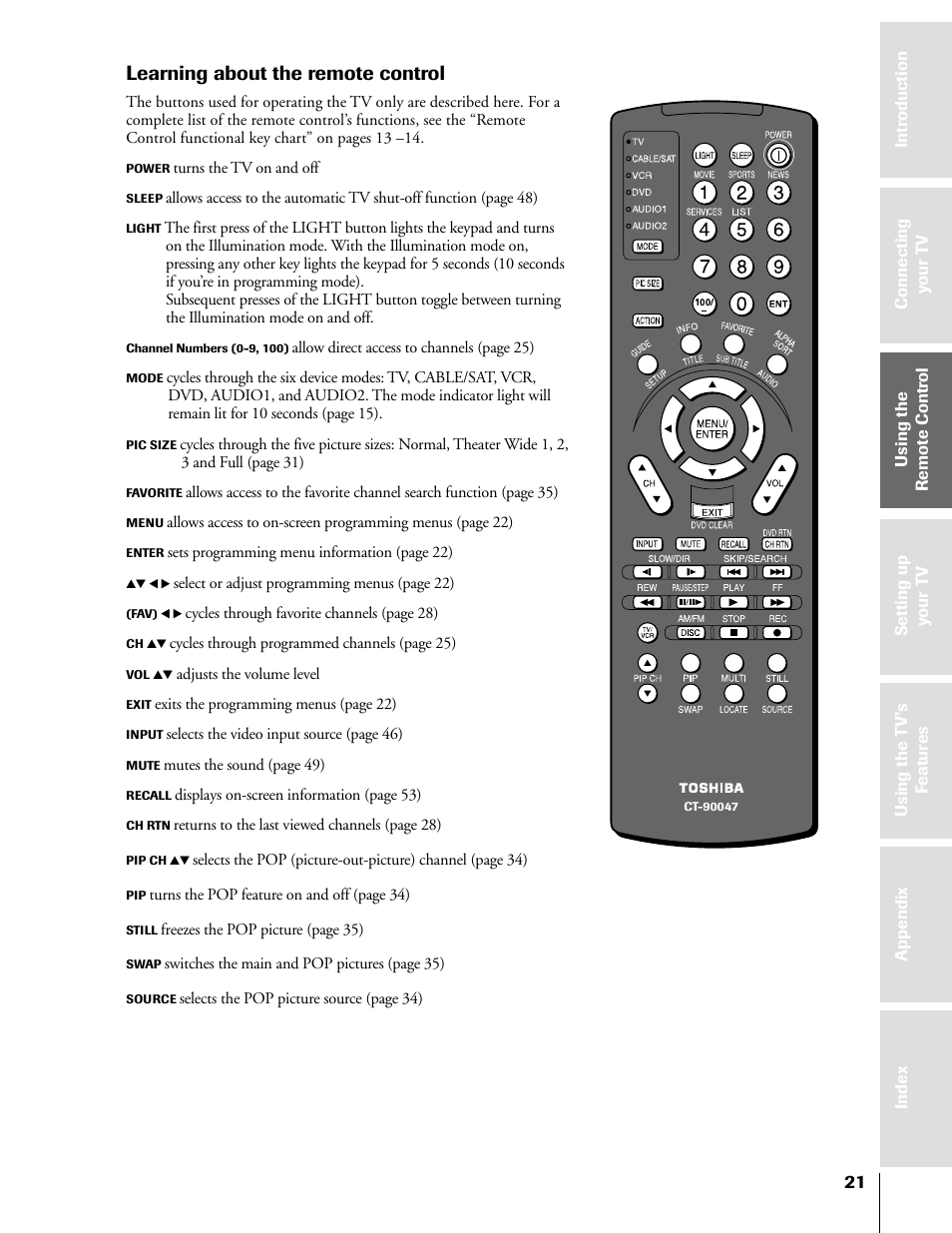 Learning about the remote control | Toshiba 50HX81 User Manual | Page 21 / 59