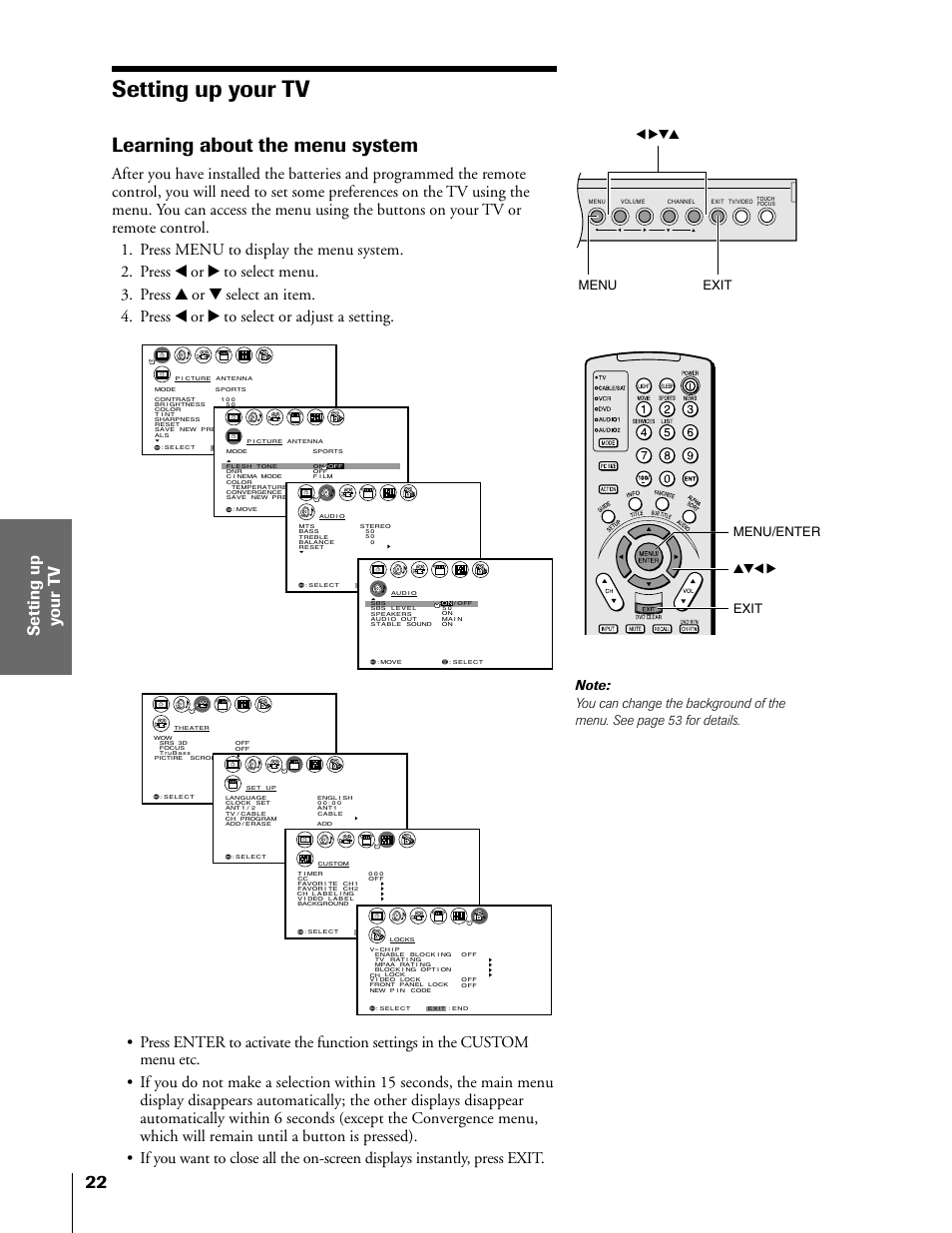 Setting up your tv, Learning about the menu system, Exit yzx • exit menu/enter menu x •zy | Toshiba 50HX81 User Manual | Page 22 / 59