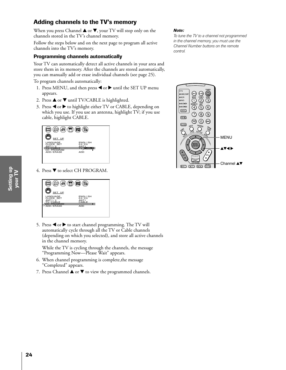 Adding channels to tv's memory, Programming channels automatically, Press z to select ch program | Menu yzx • channel yz | Toshiba 50HX81 User Manual | Page 24 / 59