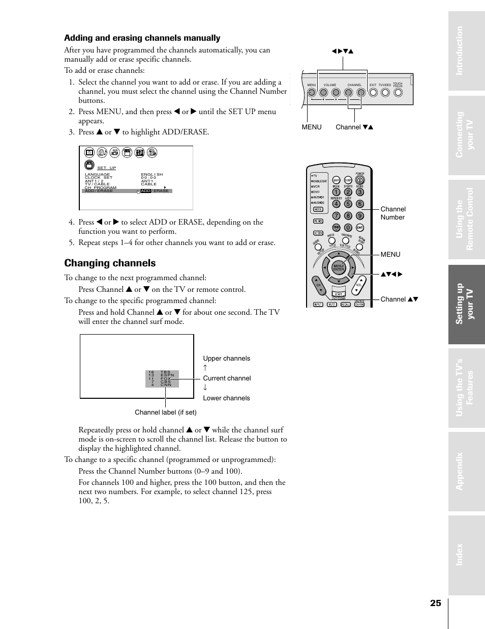 Changing channels, Adding and erasing channels manually | Toshiba 50HX81 User Manual | Page 25 / 59