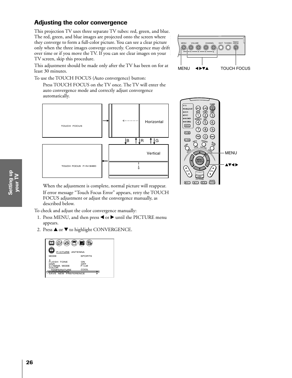 Adjusting the color convergence, Br g, Menu yzx • touch focus menu x •zy | Horizontal vertical | Toshiba 50HX81 User Manual | Page 26 / 59