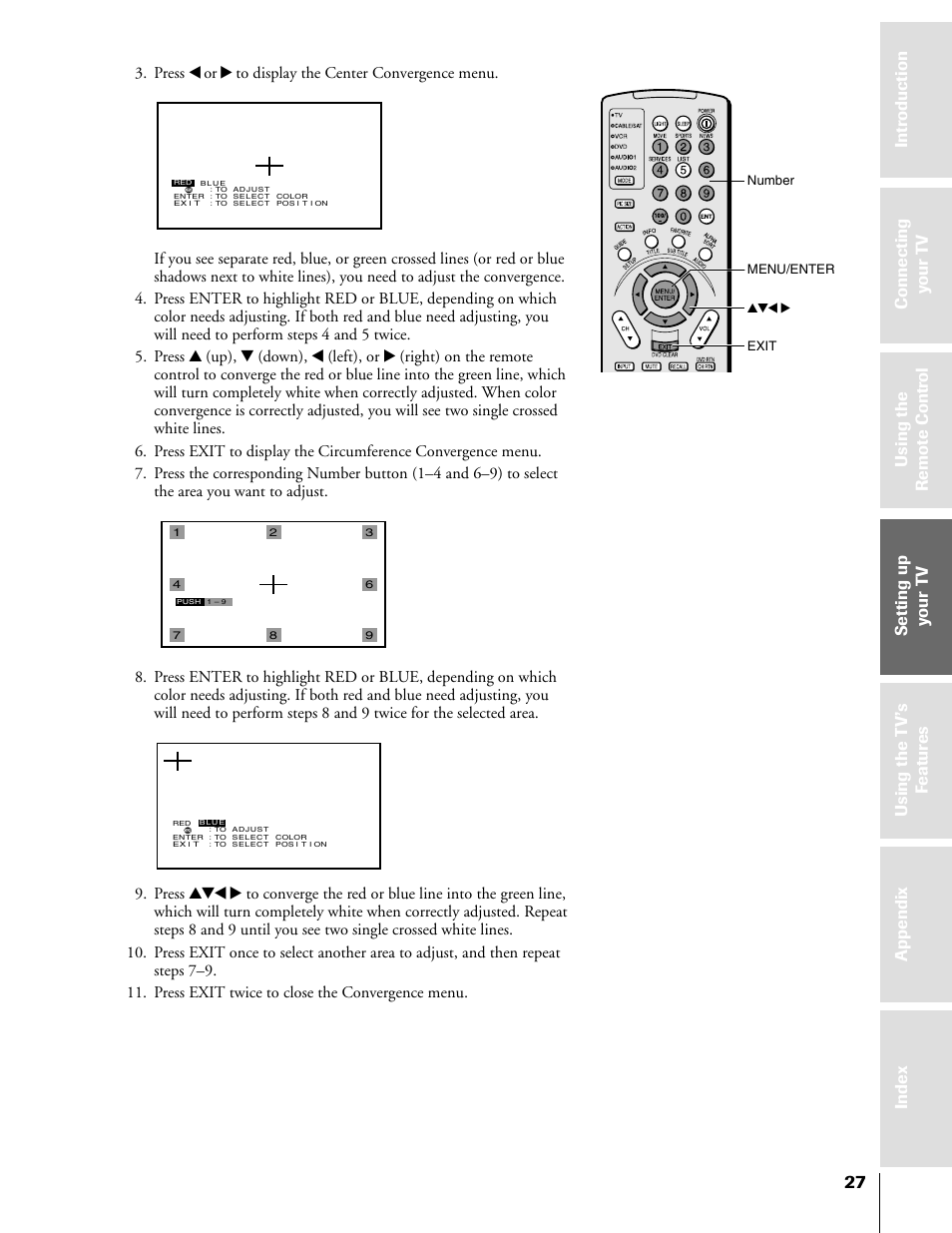 Exit yzx • number menu/enter | Toshiba 50HX81 User Manual | Page 27 / 59