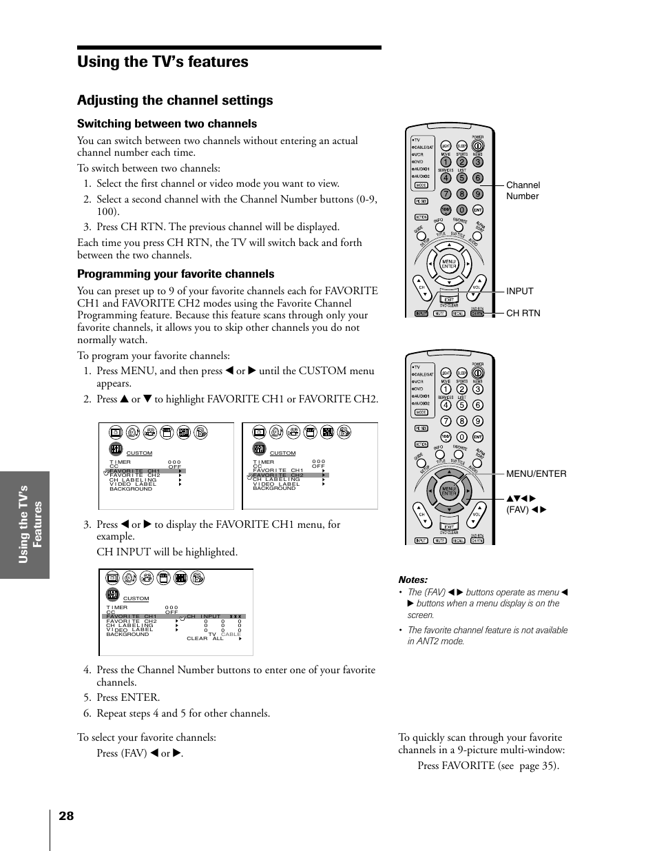 Using the tv's features, Adjusting the channel settings, Using the tv’s features | Switching between two channels, Programming your favorite channels, Buttons operate as menu, Channel number input yzx • (fav) x • menu/enter, Ch rtn | Toshiba 50HX81 User Manual | Page 28 / 59