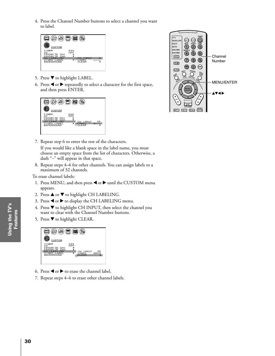 Channel number menu/enter yzx | Toshiba 50HX81 User Manual | Page 30 / 59