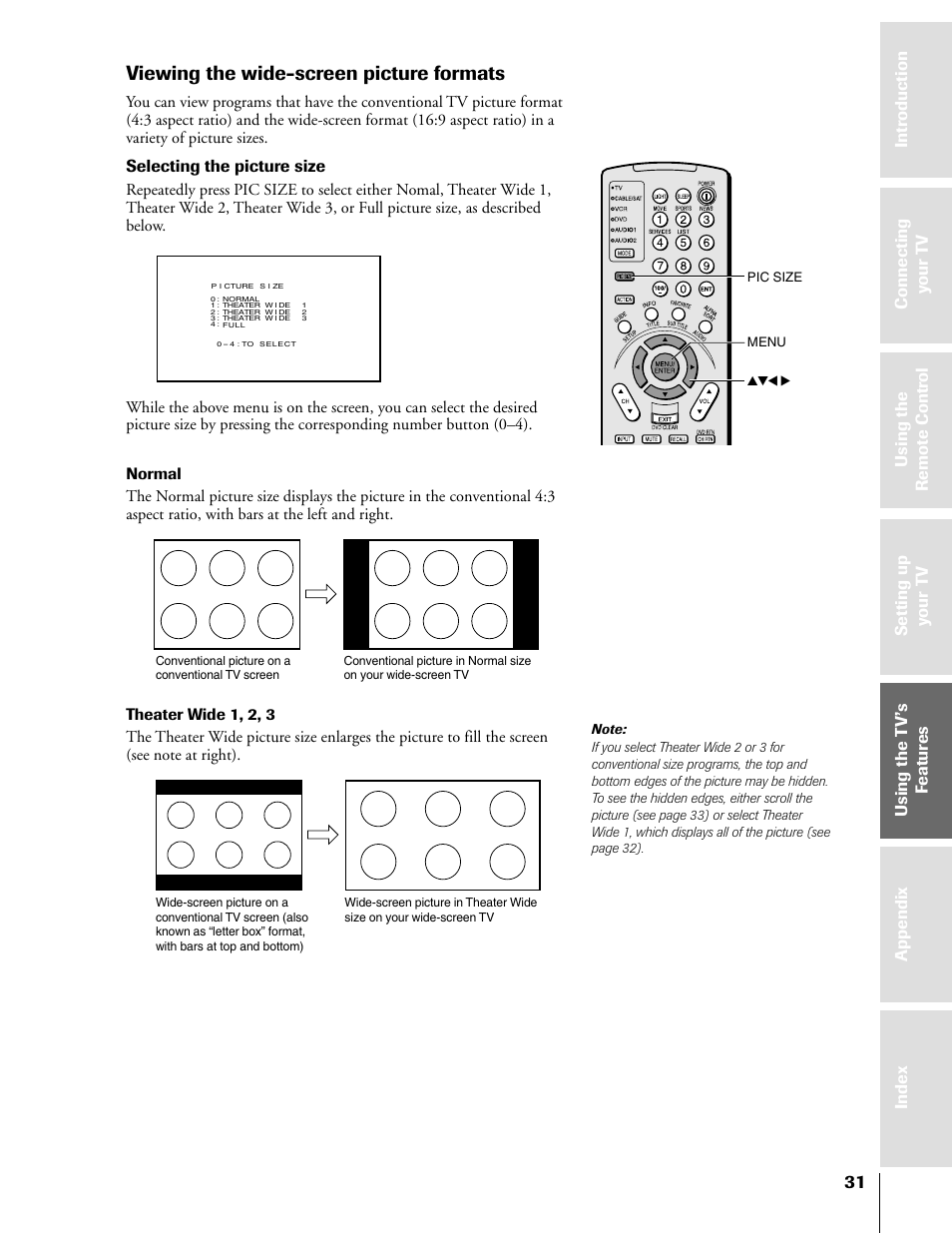 Viewing the wide-screen picture formats, Selecting the picture size, Pic size menu yzx | Toshiba 50HX81 User Manual | Page 31 / 59