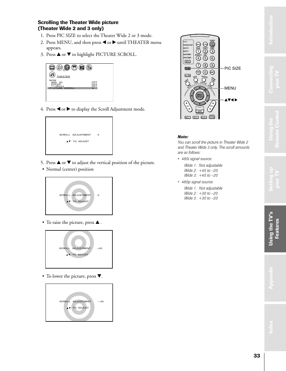 Press x or • to display the scroll adjustment mode, Pic size menu yzx | Toshiba 50HX81 User Manual | Page 33 / 59