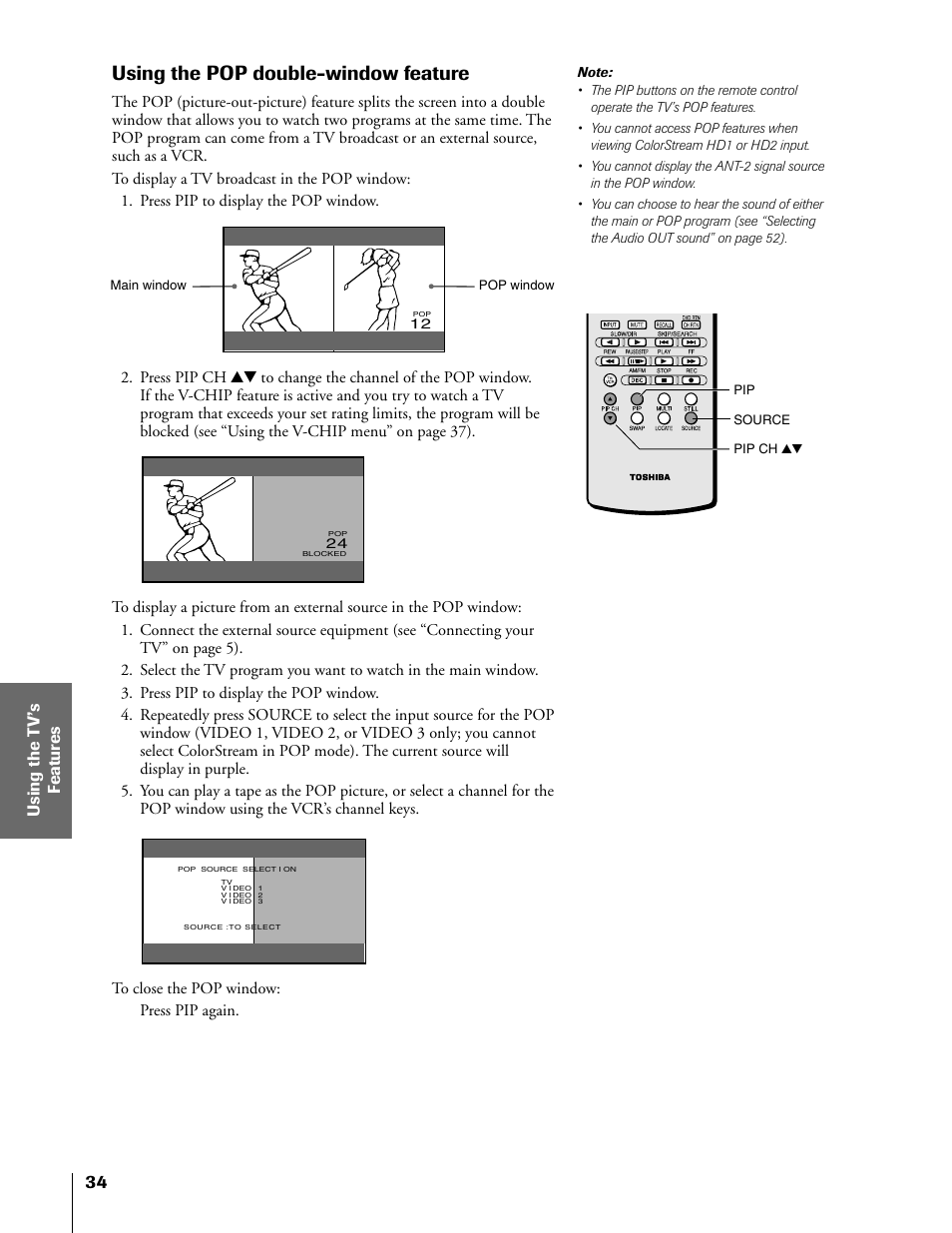 Using pop double-wide feature, Using the pop double-window feature, Source | Pop window main window, Pip pip ch yz | Toshiba 50HX81 User Manual | Page 34 / 59