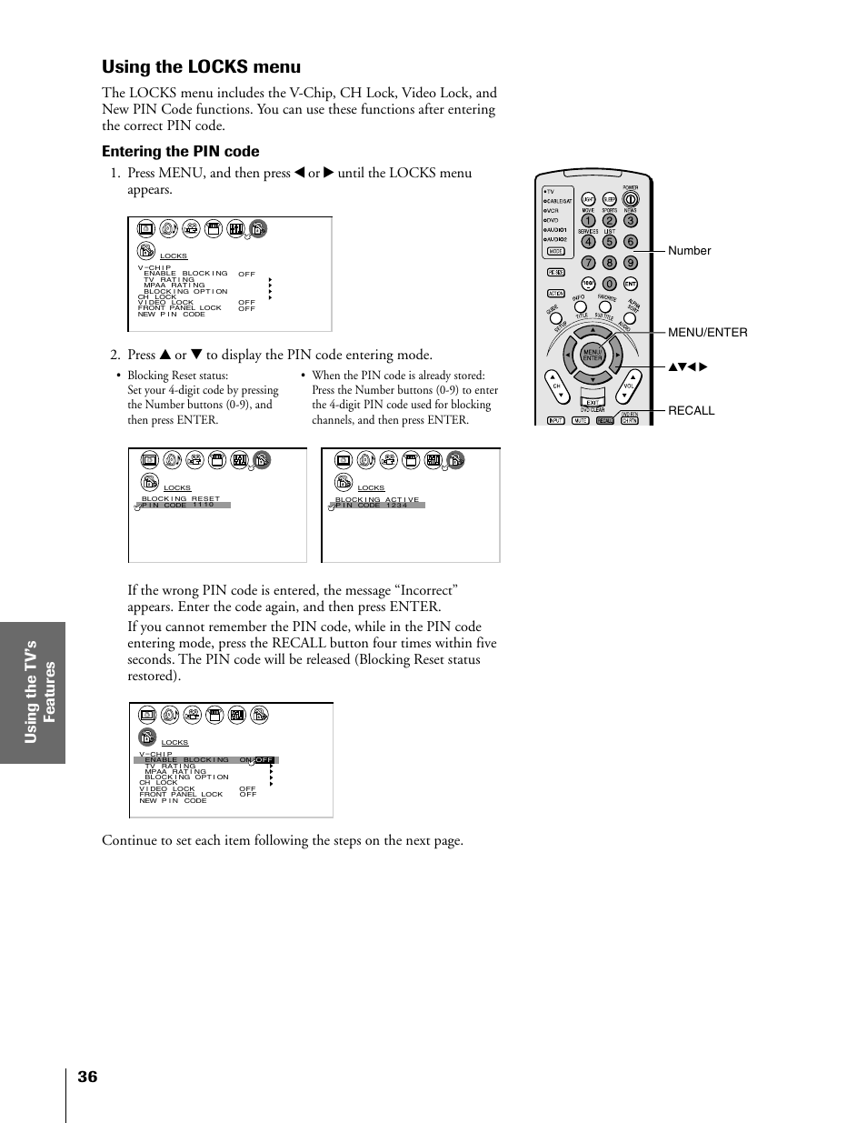 Using the locks menu, Entering the pin code, Press y or z to display the pin code entering mode | Recall menu/enter yzx, Number | Toshiba 50HX81 User Manual | Page 36 / 59