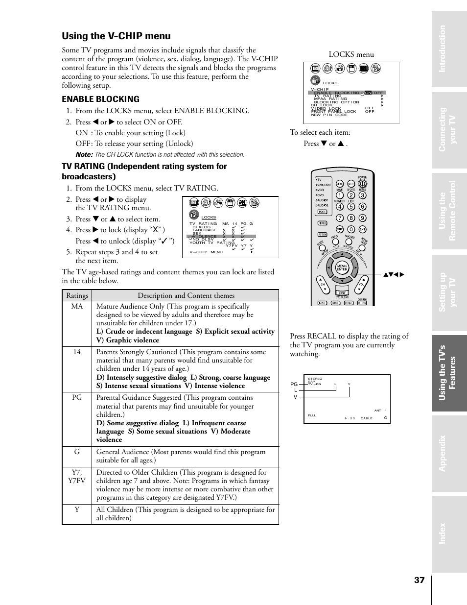 V-chip menu, Using the v-chip menu, Enable blocking | Locks menu | Toshiba 50HX81 User Manual | Page 37 / 59