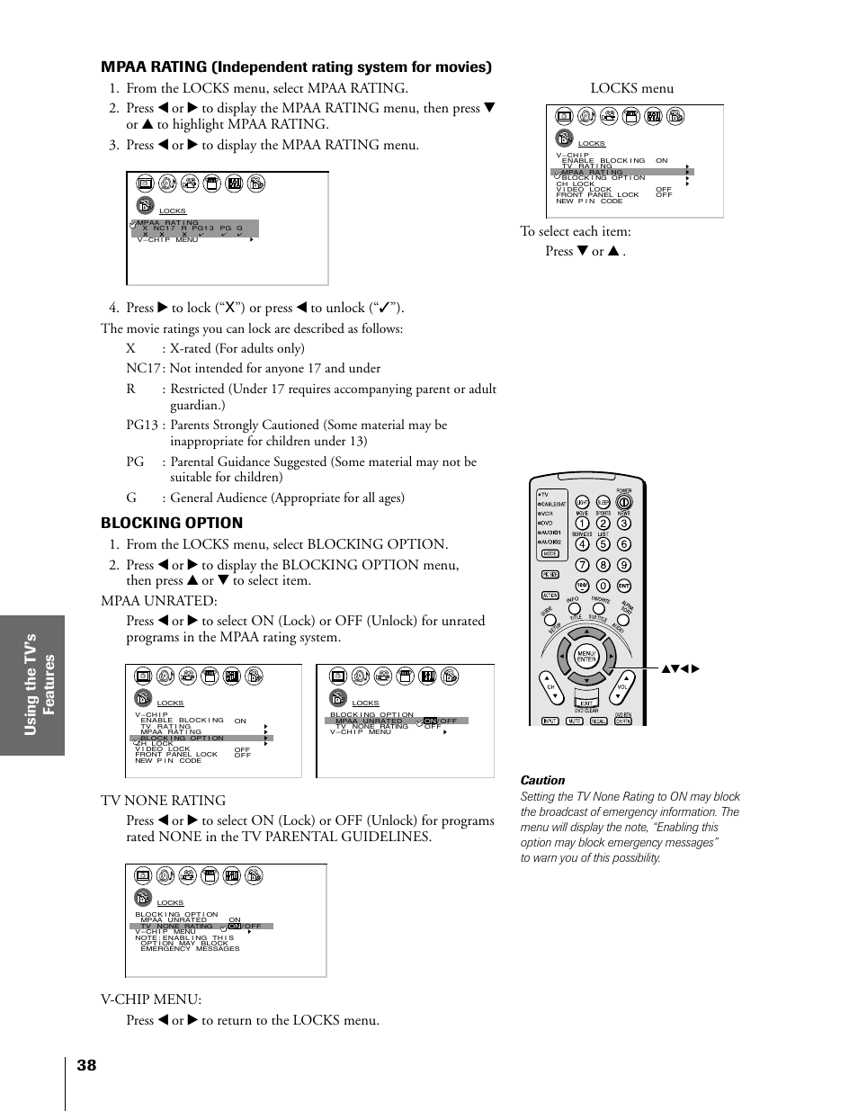 Mpaa rating (independent rating system for movies), Blocking option, Press • to lock (“x”) or press x to unlock (“✓”) | Toshiba 50HX81 User Manual | Page 38 / 59