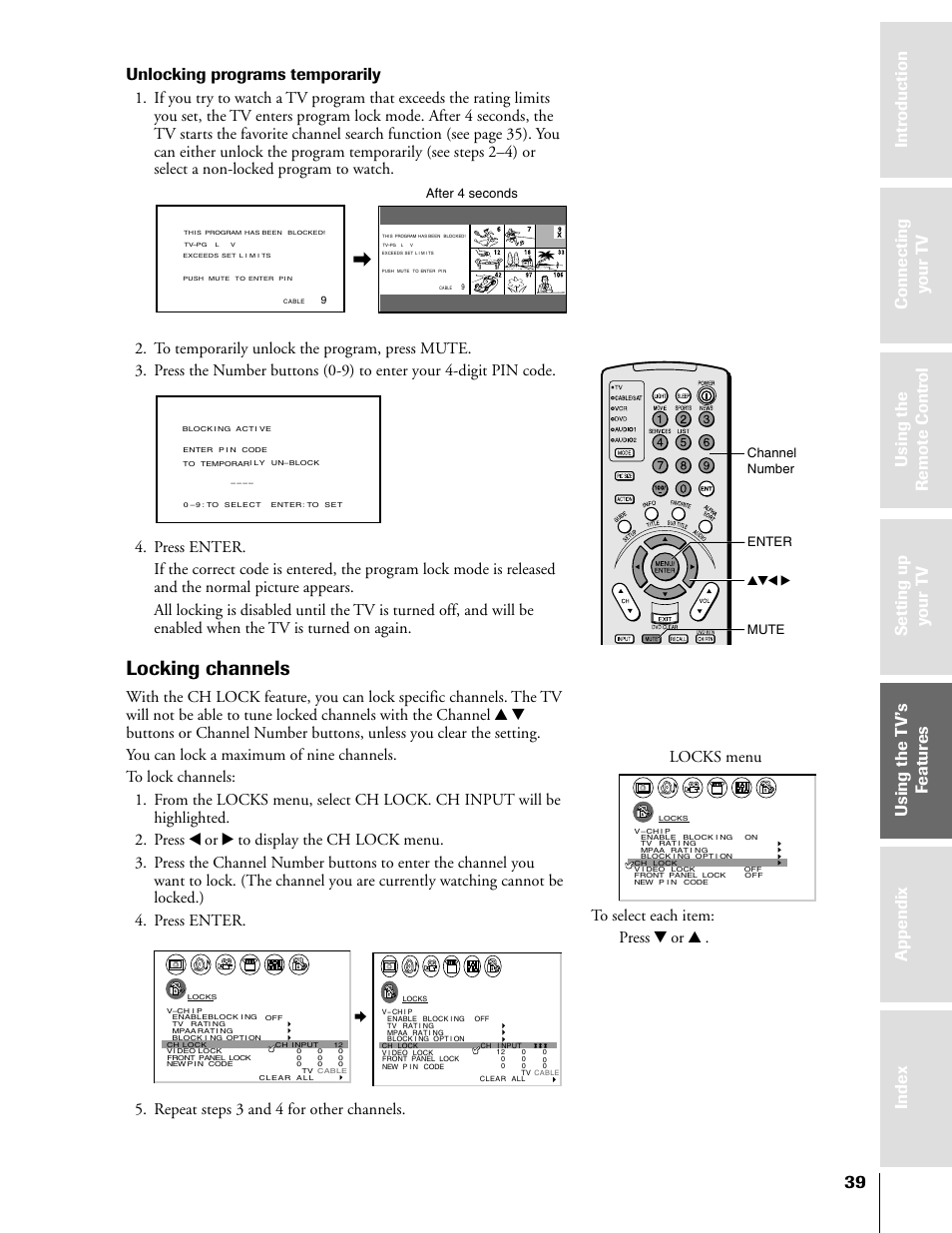 Locking channels, Unlocking programs temporarily, Enter yzx • mute after 4 seconds channel number | Toshiba 50HX81 User Manual | Page 39 / 59