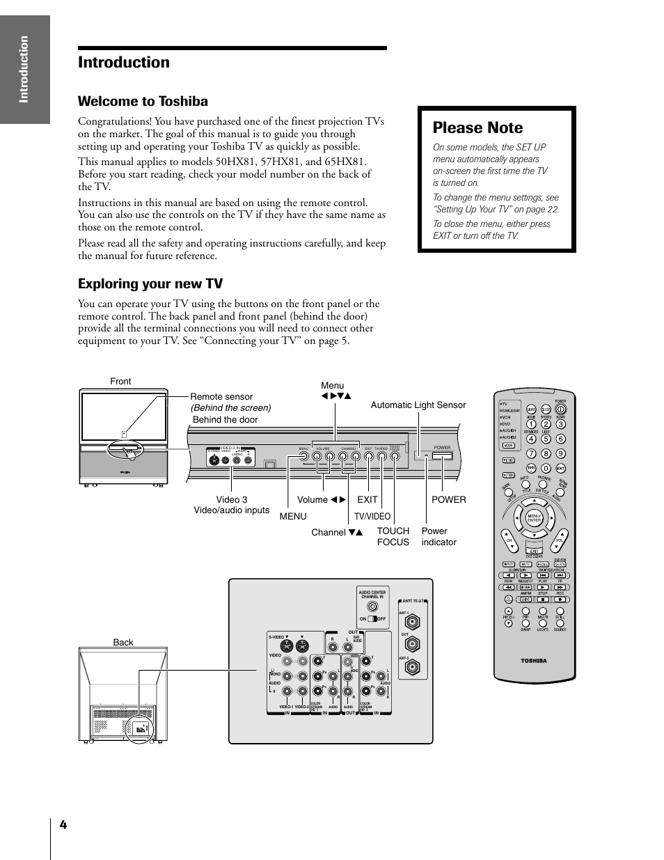 Introduction, Welcome to toshiba, Exploring your new tv | Toshiba 50HX81 User Manual | Page 4 / 59