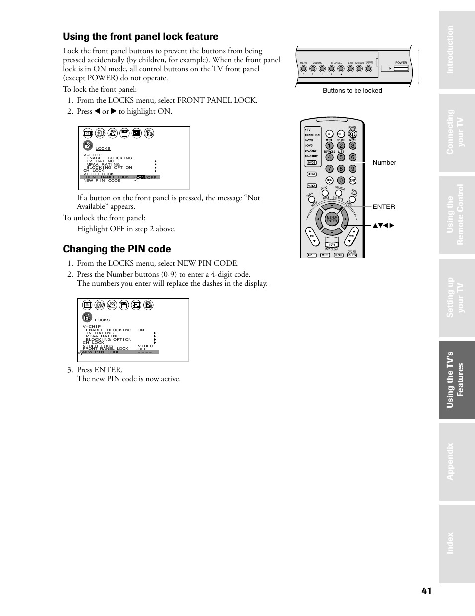 Changing pin code, Using the front panel lock feature, Changing the pin code | Press enter. the new pin code is now active, Enter number buttons to be locked | Toshiba 50HX81 User Manual | Page 41 / 59