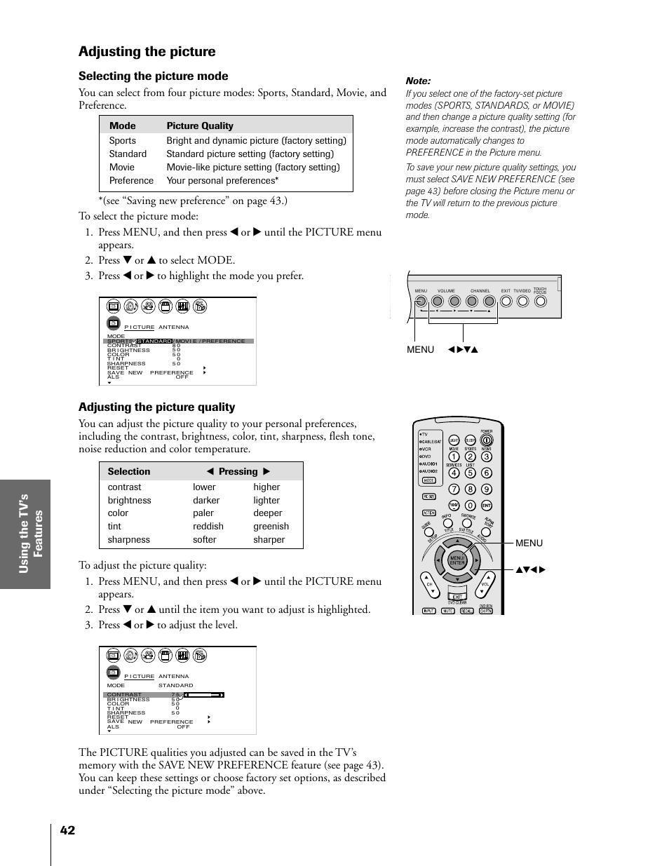 Adjusting the picture, Selecting the picture mode, Adjusting the picture quality | Menu x •zy menu yzx | Toshiba 50HX81 User Manual | Page 42 / 59