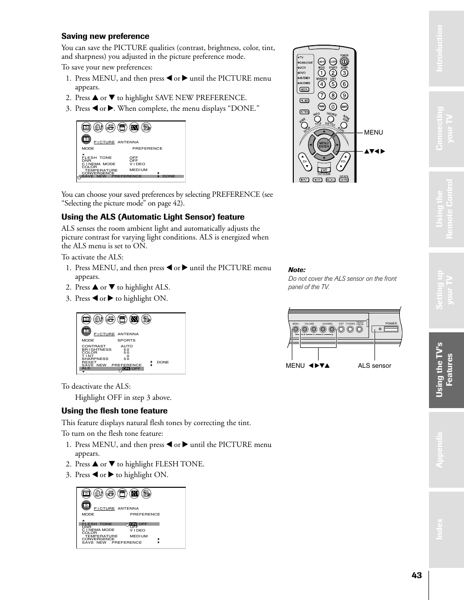 Saving new preference, Using the als (automatic light sensor) feature, Using the flesh tone feature | Menu yzx, Menu x •zy als sensor | Toshiba 50HX81 User Manual | Page 43 / 59