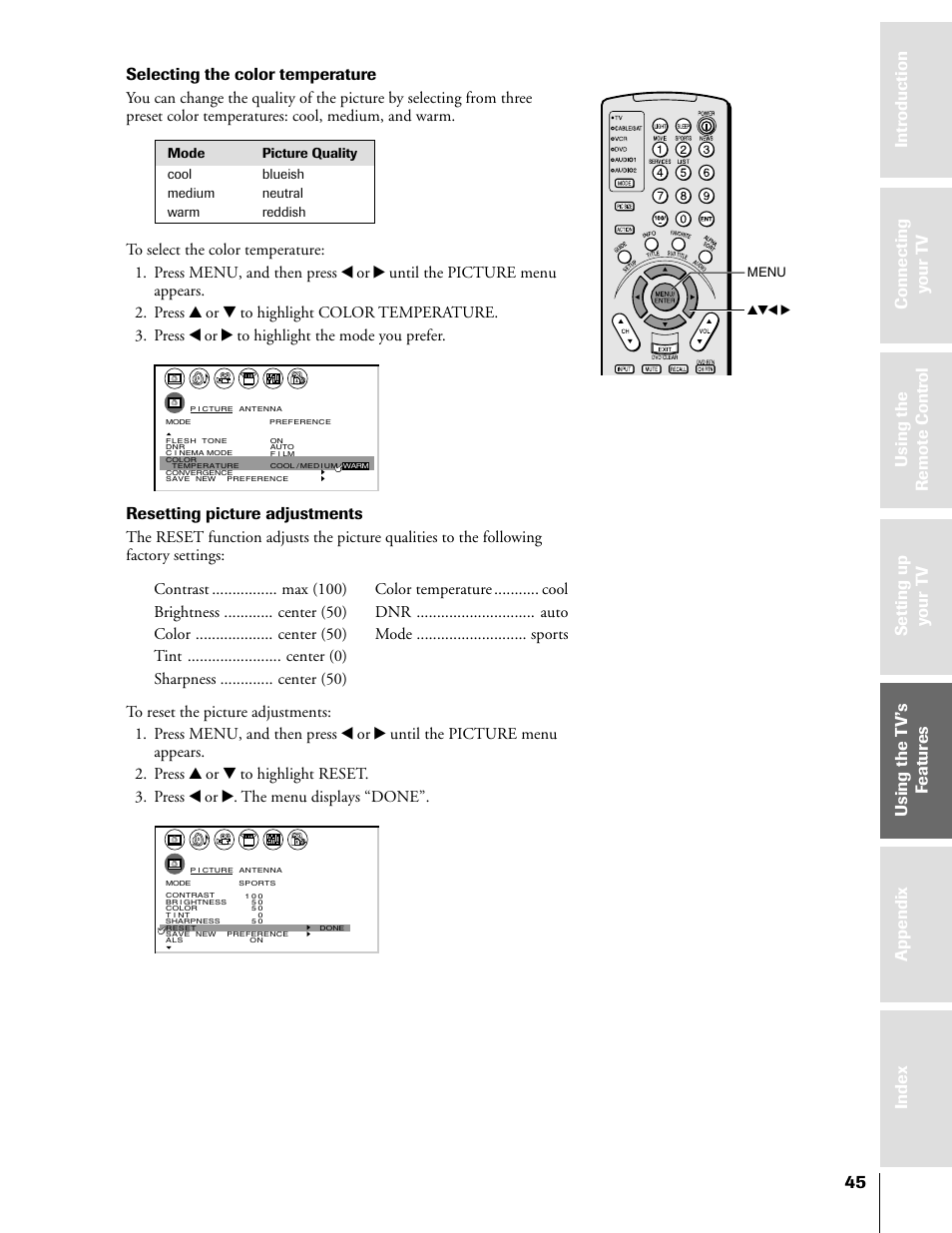 Selecting the color temperature, Resetting picture adjustments, Menu yzx | Toshiba 50HX81 User Manual | Page 45 / 59