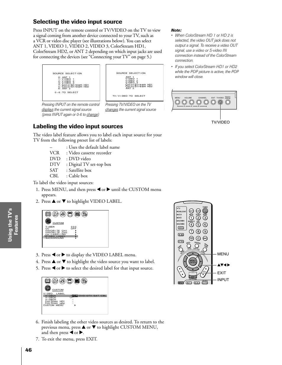 Selecting / labeling video input sources, Selecting the video input source, Labeling the video input sources | Tv/video menu yzx • exit input | Toshiba 50HX81 User Manual | Page 46 / 59