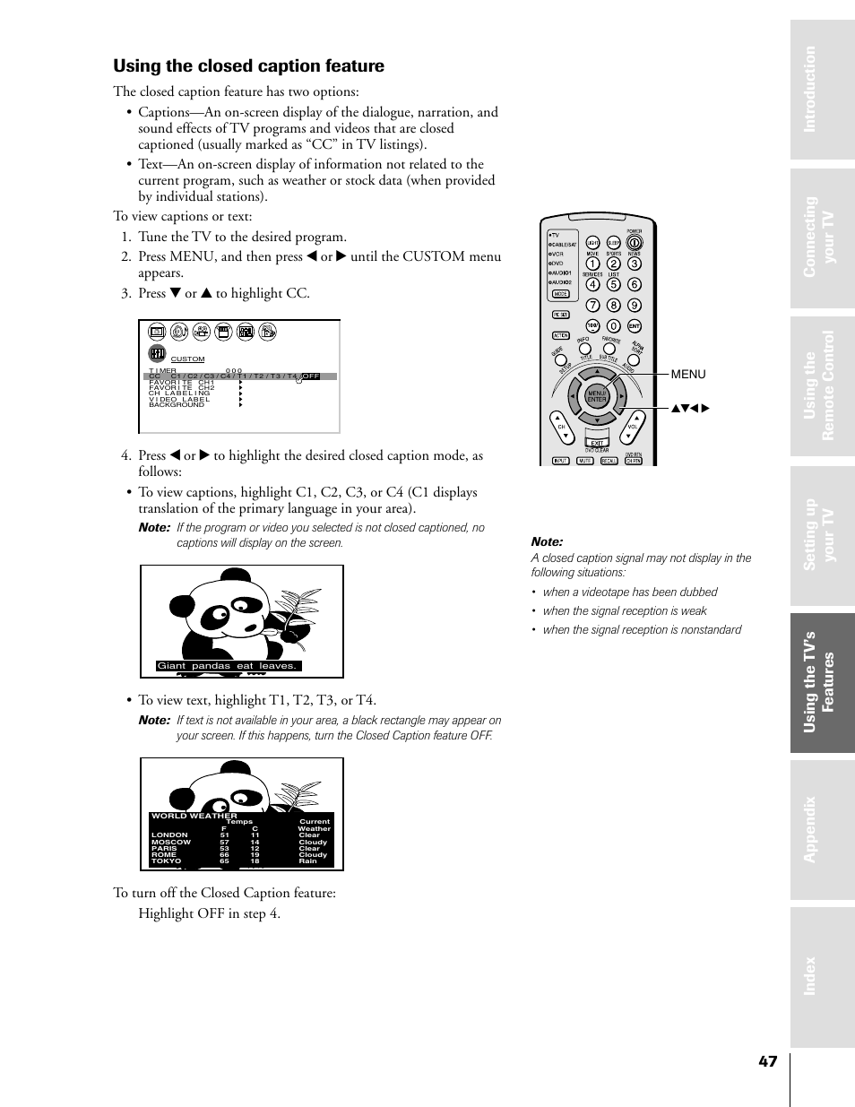 Closed caption, Using the closed caption feature, Menu yzx | Toshiba 50HX81 User Manual | Page 47 / 59