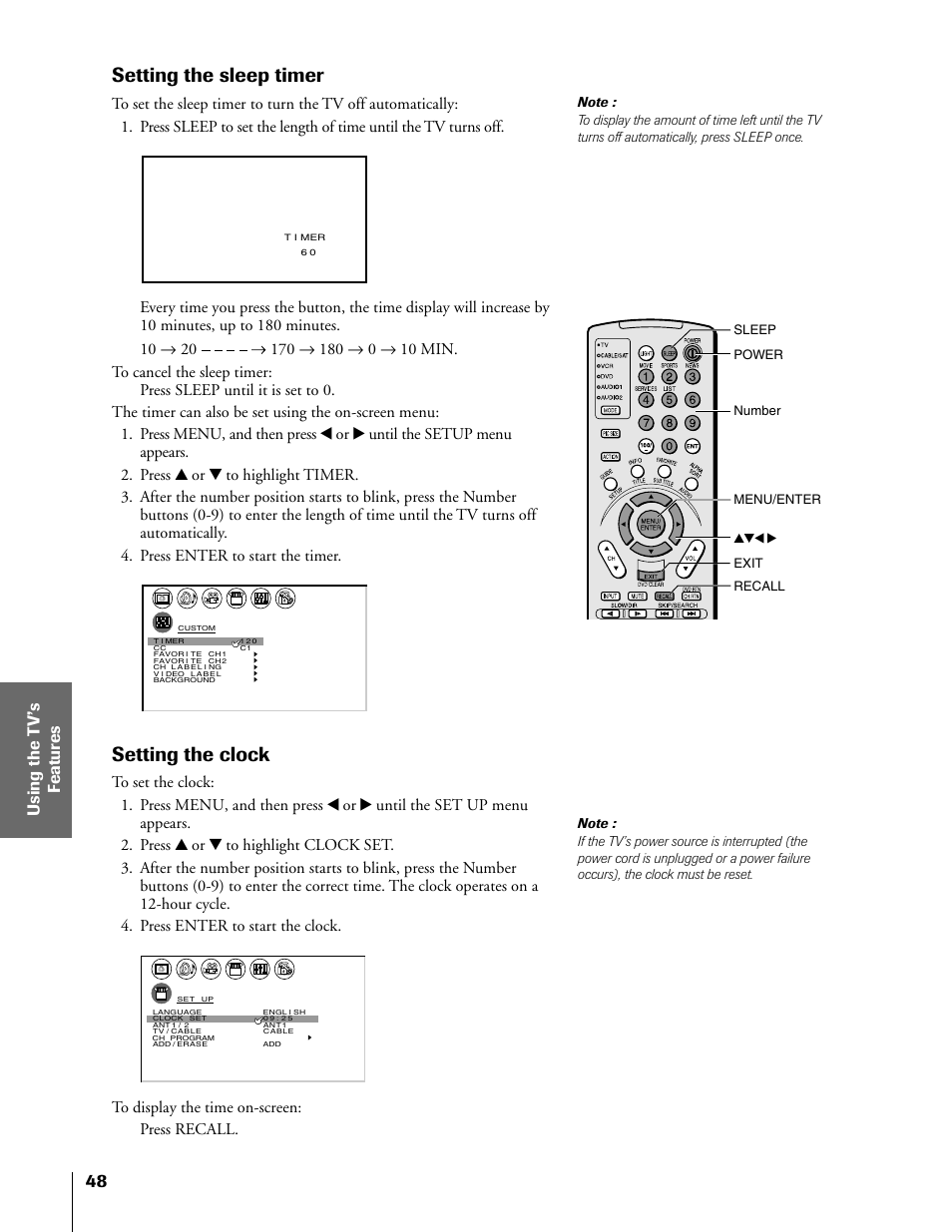 Setting the sleep timer & clock, Setting the sleep timer, Setting the clock | Sleep power yzx • recall menu/enter number exit | Toshiba 50HX81 User Manual | Page 48 / 59