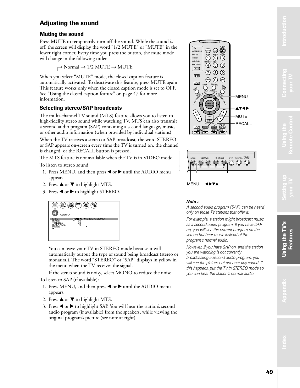 Adjusting the sound, Muting the sound, Selecting stereo/sap broadcasts | Recall mute, X •zy menu, Yzx • menu | Toshiba 50HX81 User Manual | Page 49 / 59