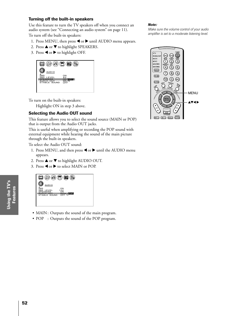 Turning off the built-in speakers, Selecting the audio out sound, Yzx • menu | Toshiba 50HX81 User Manual | Page 52 / 59