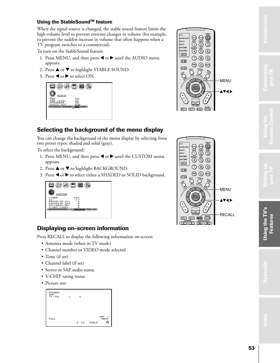 Displaying on-screen information, Selecting the background of the menu display, Using the stablesound | Feature, Yzx • menu recall, Yzx • menu | Toshiba 50HX81 User Manual | Page 53 / 59