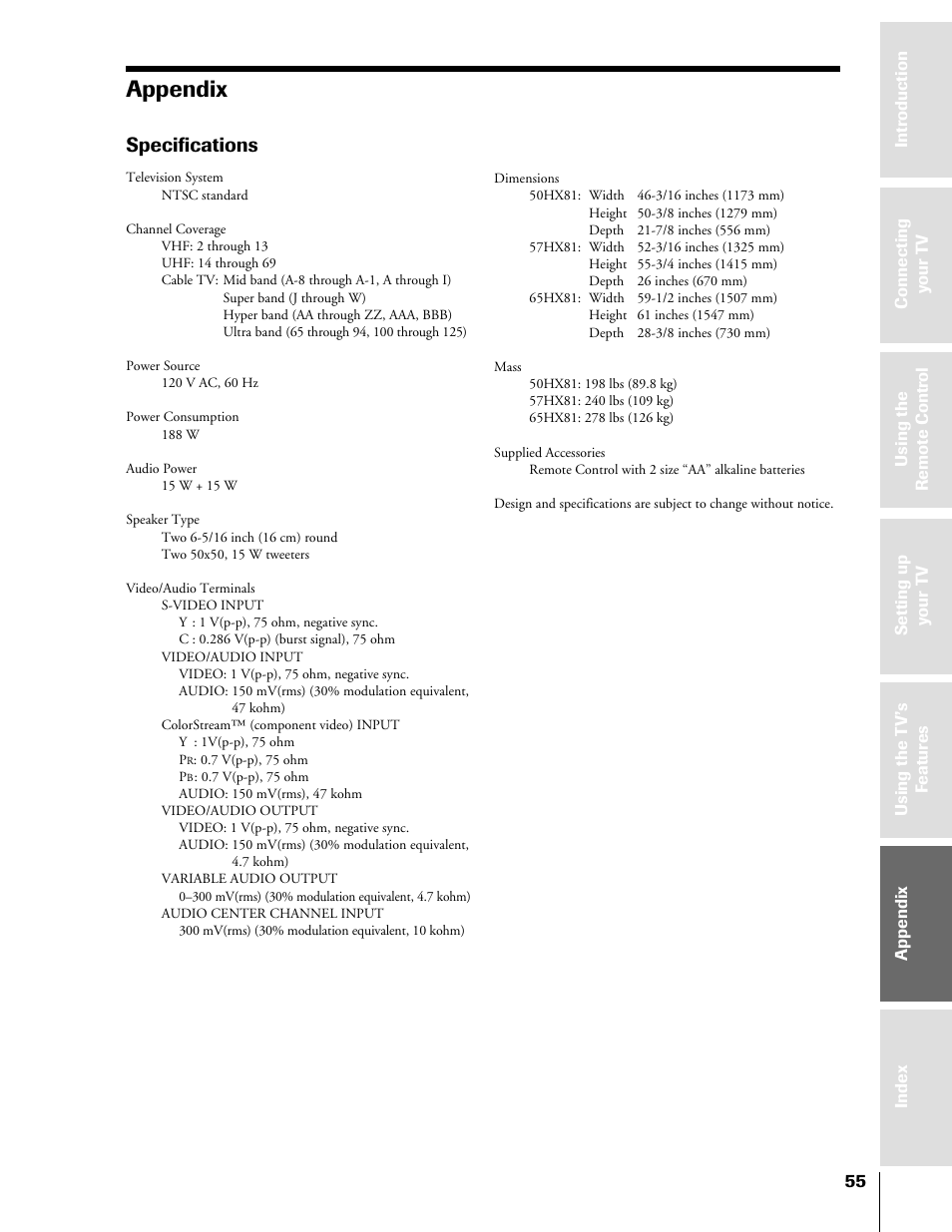 Appendix, Specifications | Toshiba 50HX81 User Manual | Page 55 / 59